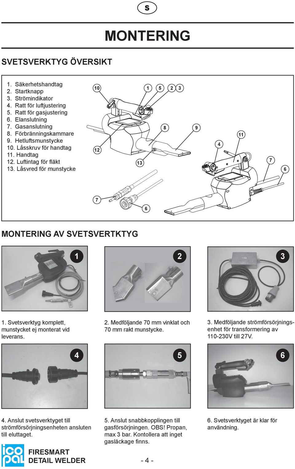 Svetsverktyg komplett, munstycket ej monterat vid leverans.. Medföljande 70 mm vinklat och 70 mm rakt munstycke. 3. Medföljande strömförsörjningsenhet för transformering av 0-30V till 7V. 4 5 6 4.