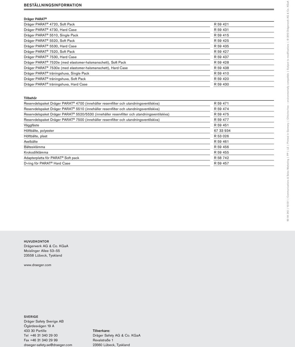 elastomer-halsmanschett), Hard Case R 59 438 Dräger PARAT träningshuva, Single Pack R 59 410 Dräger PARAT träningshuva, Soft Pack R 59 420 Dräger PARAT träningshuva, Hard Case R 59 430 Tillbehör