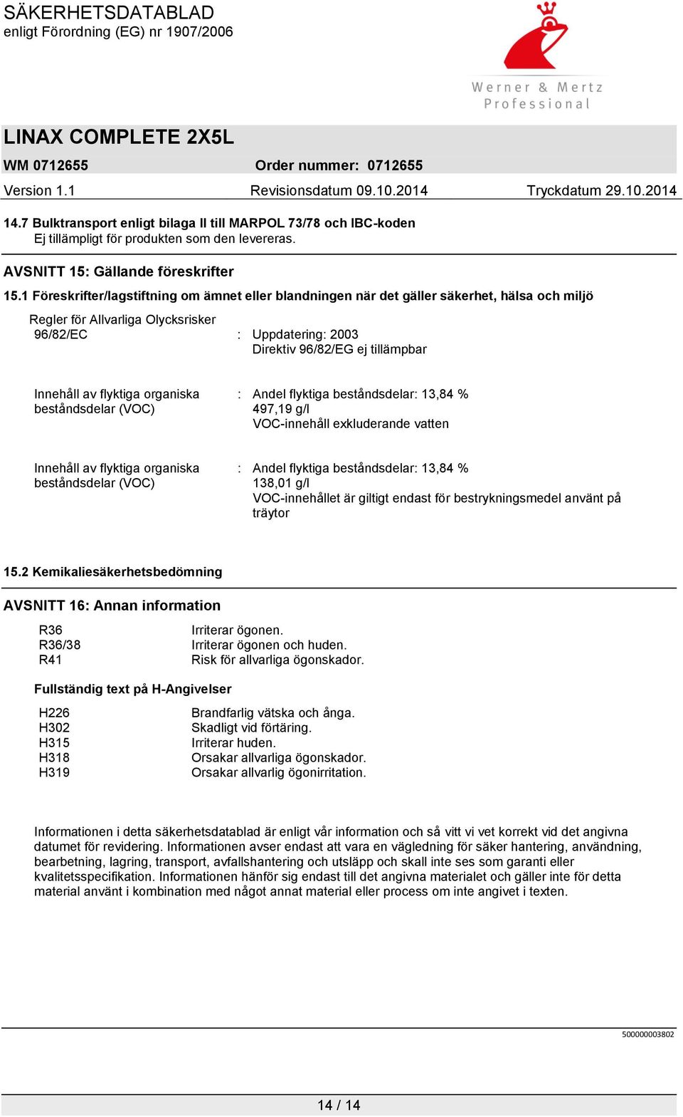 Innehåll av flyktiga organiska beståndsdelar (VOC) : Andel flyktiga beståndsdelar: 13,84 % 497,19 g/l VOC-innehåll exkluderande vatten Innehåll av flyktiga organiska beståndsdelar (VOC) : Andel