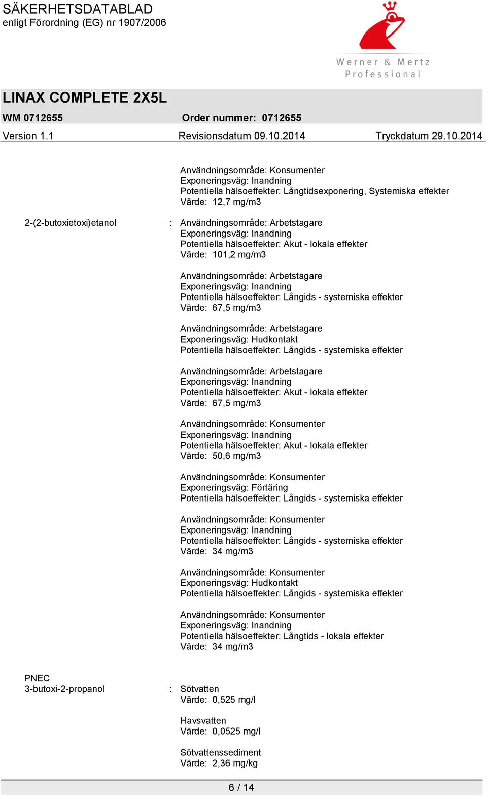 hälsoeffekter: Akut - lokala effekter Värde: 67,5 mg/m3 Potentiella hälsoeffekter: Akut - lokala effekter Värde: 50,6 mg/m3 Exponeringsväg: Förtäring Värde: 34 mg/m3 Exponeringsväg: