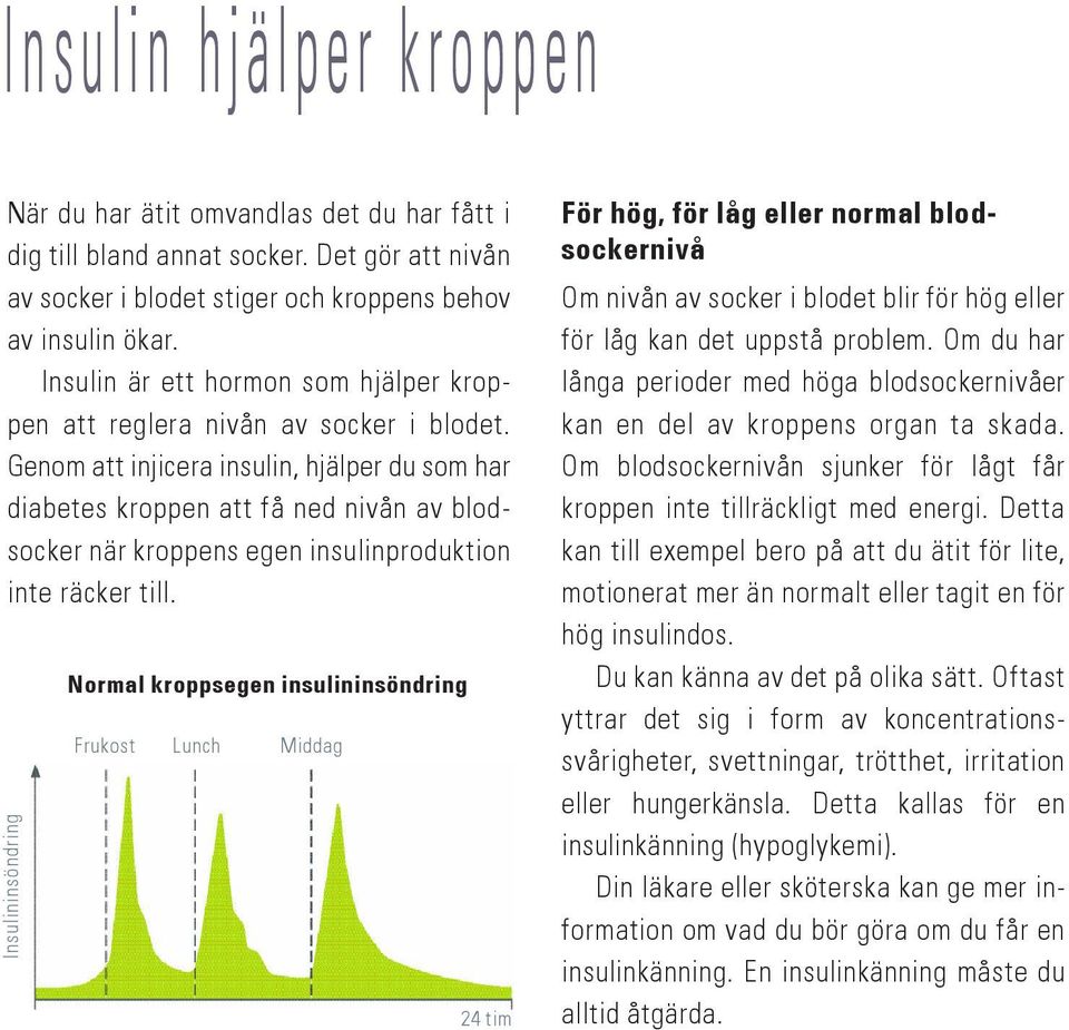 Genom att injicera insulin, hjälper du som har diabetes kroppen att få ned nivån av blodsocker när kroppens egen insulinproduktion inte räcker till.