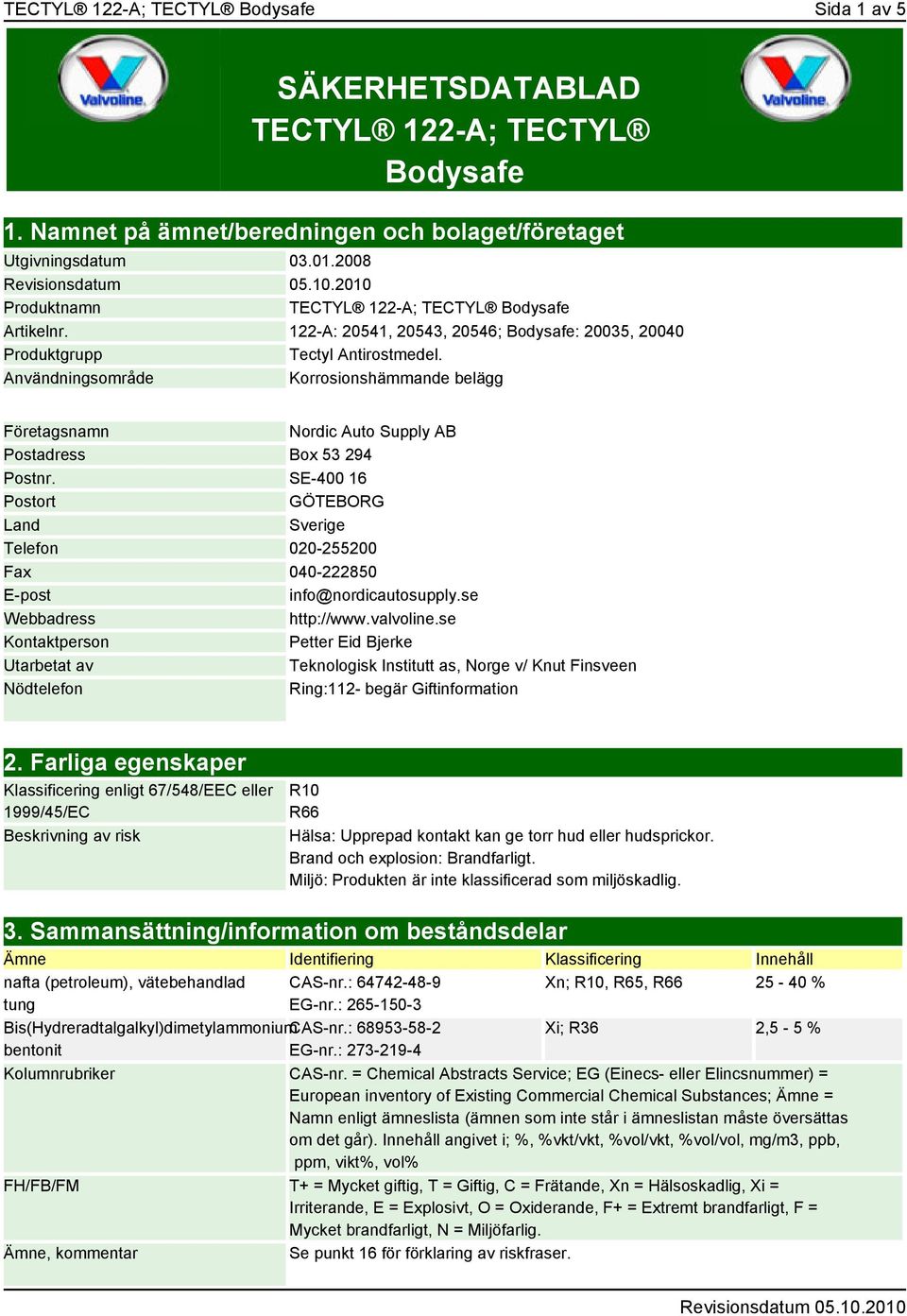 Användningsområde Korrosionshämmande belägg Företagsnamn Nordic Auto Supply AB Postadress Box 53 294 Postnr.
