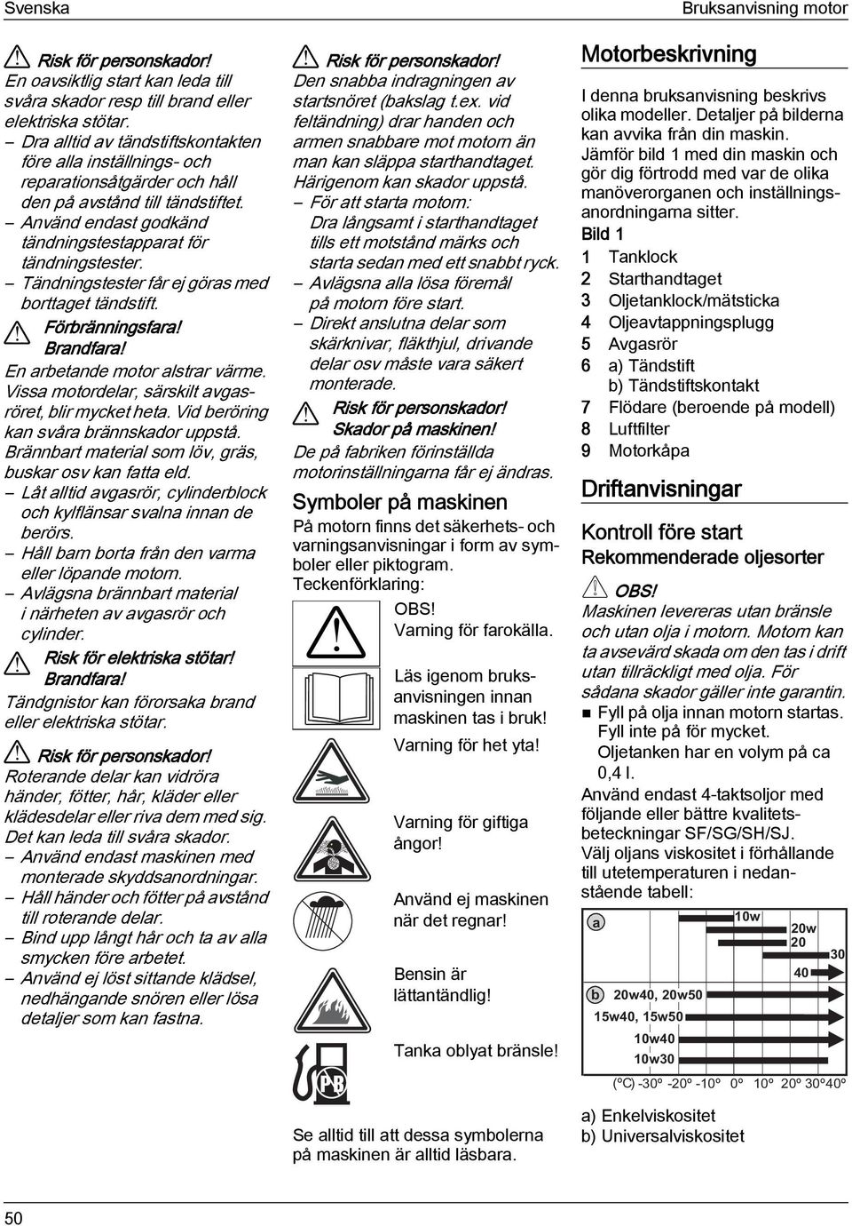 Tändningstester får ej göras med borttaget tändstift.! Förbränningsfara! Brandfara! En arbetande motor alstrar värme. Vissa motordelar, särskilt avgasröret, blir mycket heta.