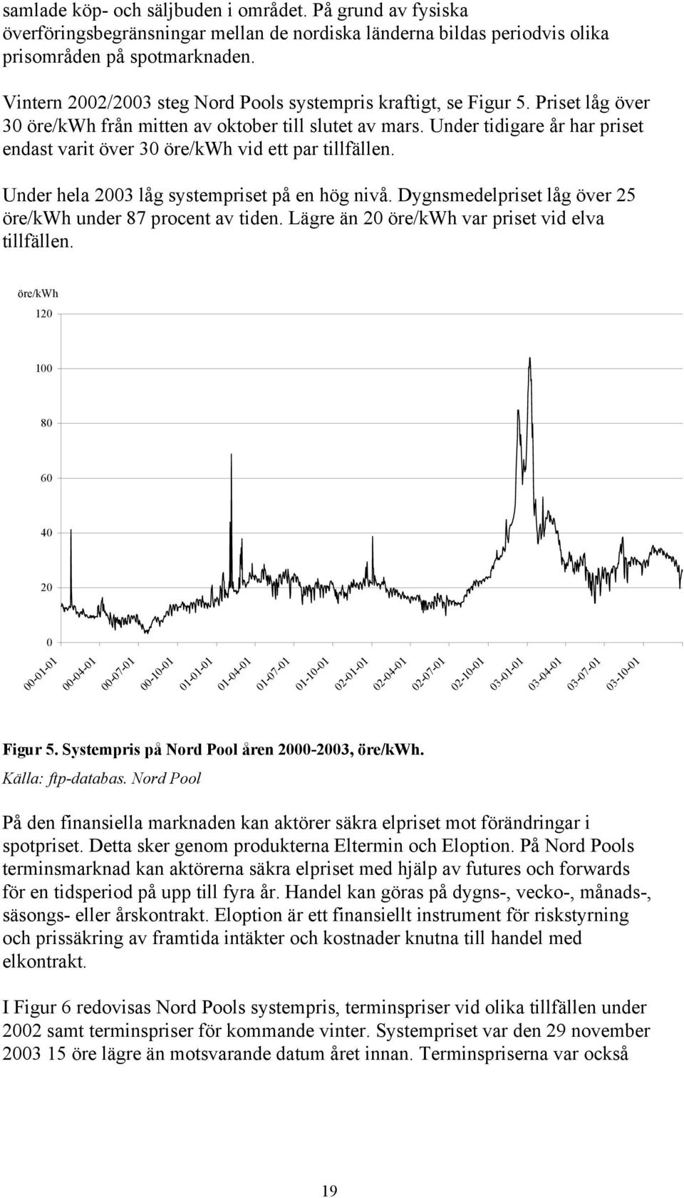 Under tidigare år har priset endast varit över 30 öre/kwh vid ett par tillfällen. Under hela 2003 låg systempriset på en hög nivå. Dygnsmedelpriset låg över 25 öre/kwh under 87 procent av tiden.