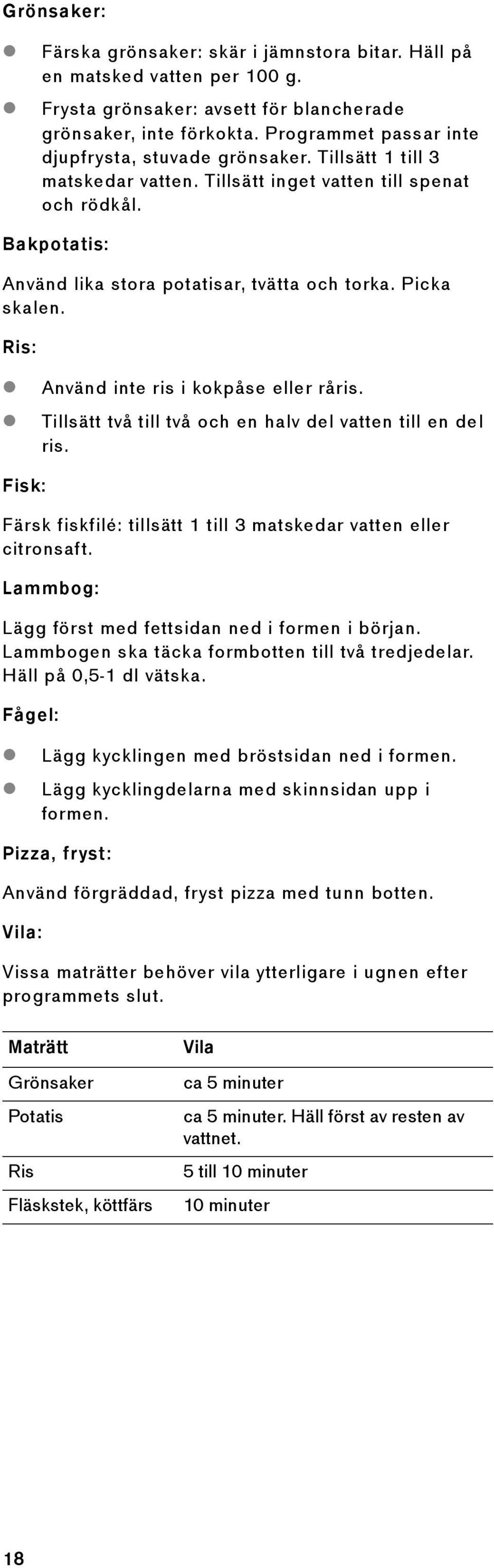 Picka skalen. Ris: Använd inte ris i kokpåse eller råris. Tillsätt två till två och en halv del vatten till en del ris. Fisk: Färsk fiskfilé: tillsätt 1 till 3 matskedar vatten eller citronsaft.