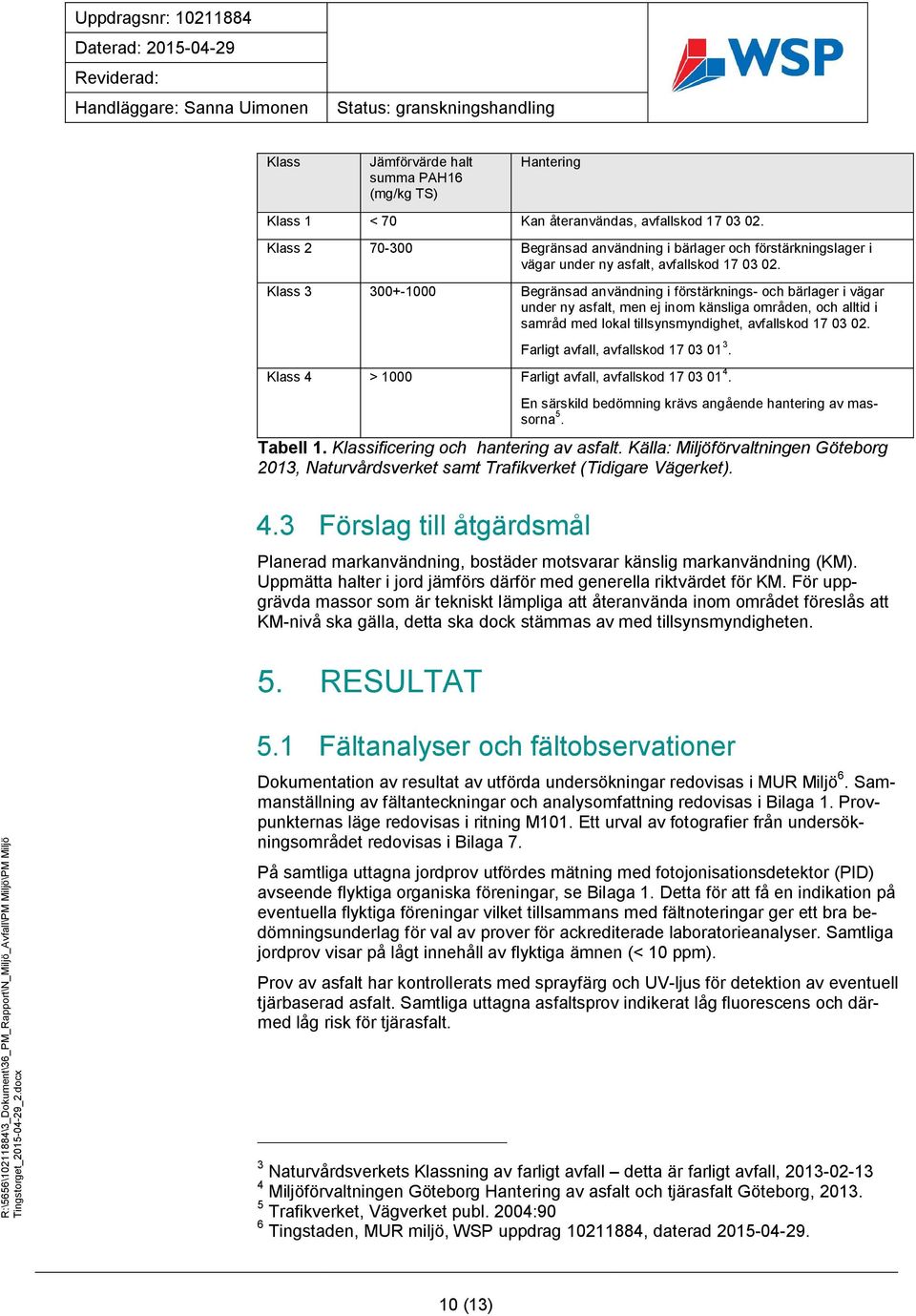 Klass 3 300+-1000 Begränsad användning i förstärknings- och bärlager i vägar under ny asfalt, men ej inom känsliga områden, och alltid i samråd med lokal tillsynsmyndighet, avfallskod 17 03 02.