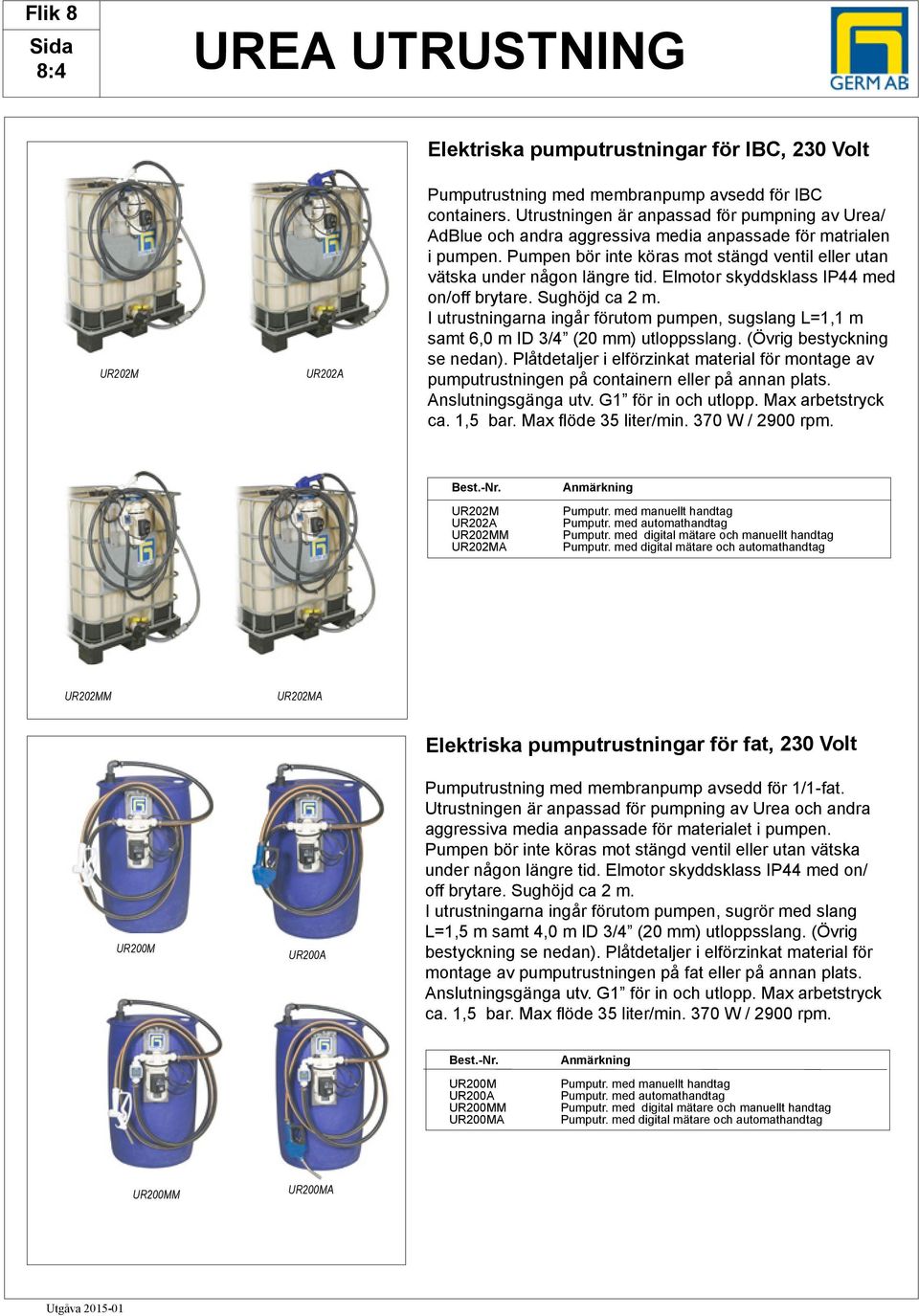 Elmotor skyddsklass IP44 med on/off brytare. Sughöjd ca 2 m. I utrustningarna ingår förutom pumpen, sugslang L=1,1 m samt 6,0 m ID 3/4 (20 mm) utloppsslang. (Övrig bestyckning se nedan).