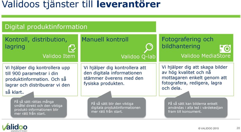 Fotografering och bildhantering Validoo MediaStore Vi hjälper dig att skapa bilder av hög kvalitet och nå mottagaren enkelt genom att fotografera, redigera, lagra och dela.