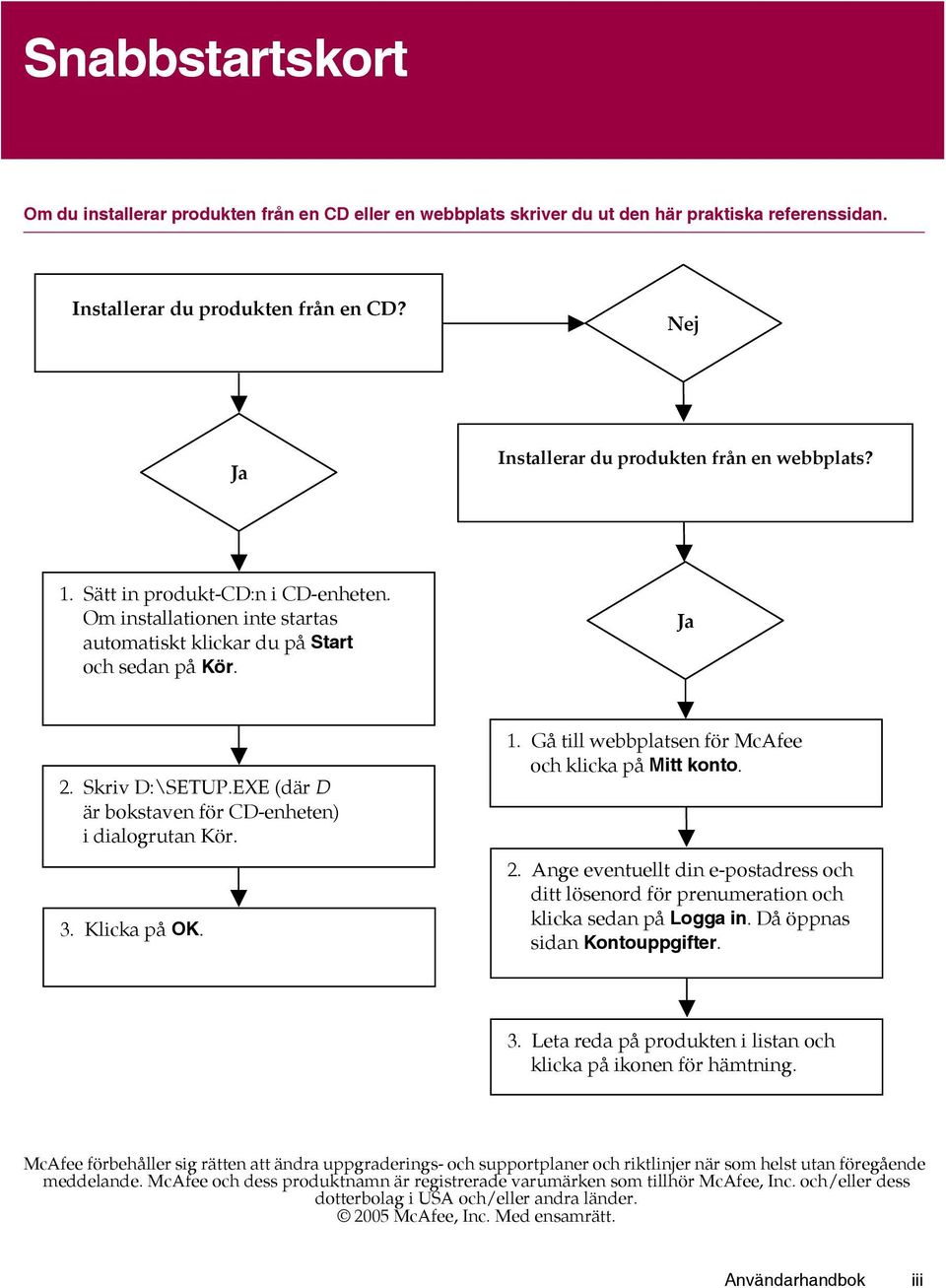 EXE (där D är bokstaven för CD-enheten) i dialogrutan Kör. 3. Klicka på OK. 1. Gå till webbplatsen för McAfee och klicka på Mitt konto. 2.