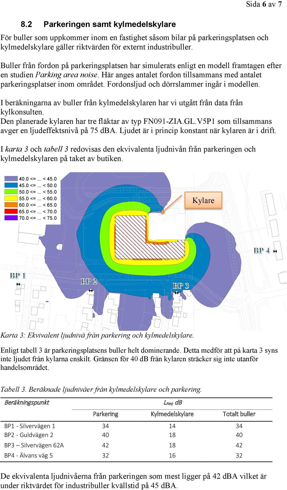 Fordonsljud och dörrslammer ingår i modellen. I beräkningarna av buller från kylmedelskylaren har vi utgått från data från kylkonsulten. Den planerade kylaren har tre fläktar av typ FN091-ZIA.GL.