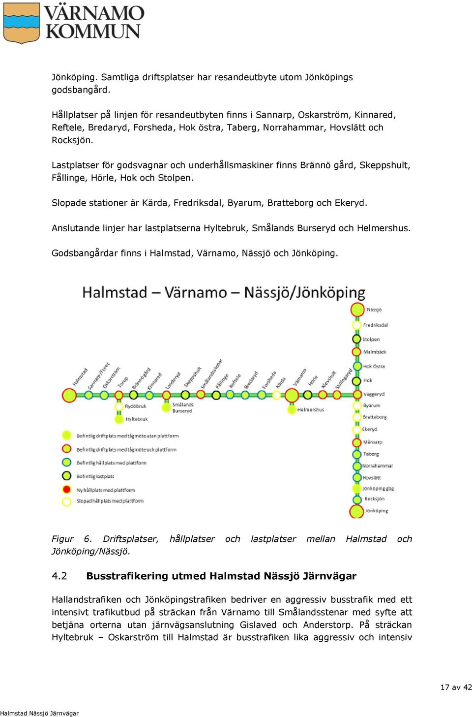 Lastplatser för godsvagnar och underhållsmaskiner finns Brännö gård, Skeppshult, Fållinge, Hörle, Hok och Stolpen. Slopade stationer är Kärda, Fredriksdal, Byarum, Bratteborg och Ekeryd.