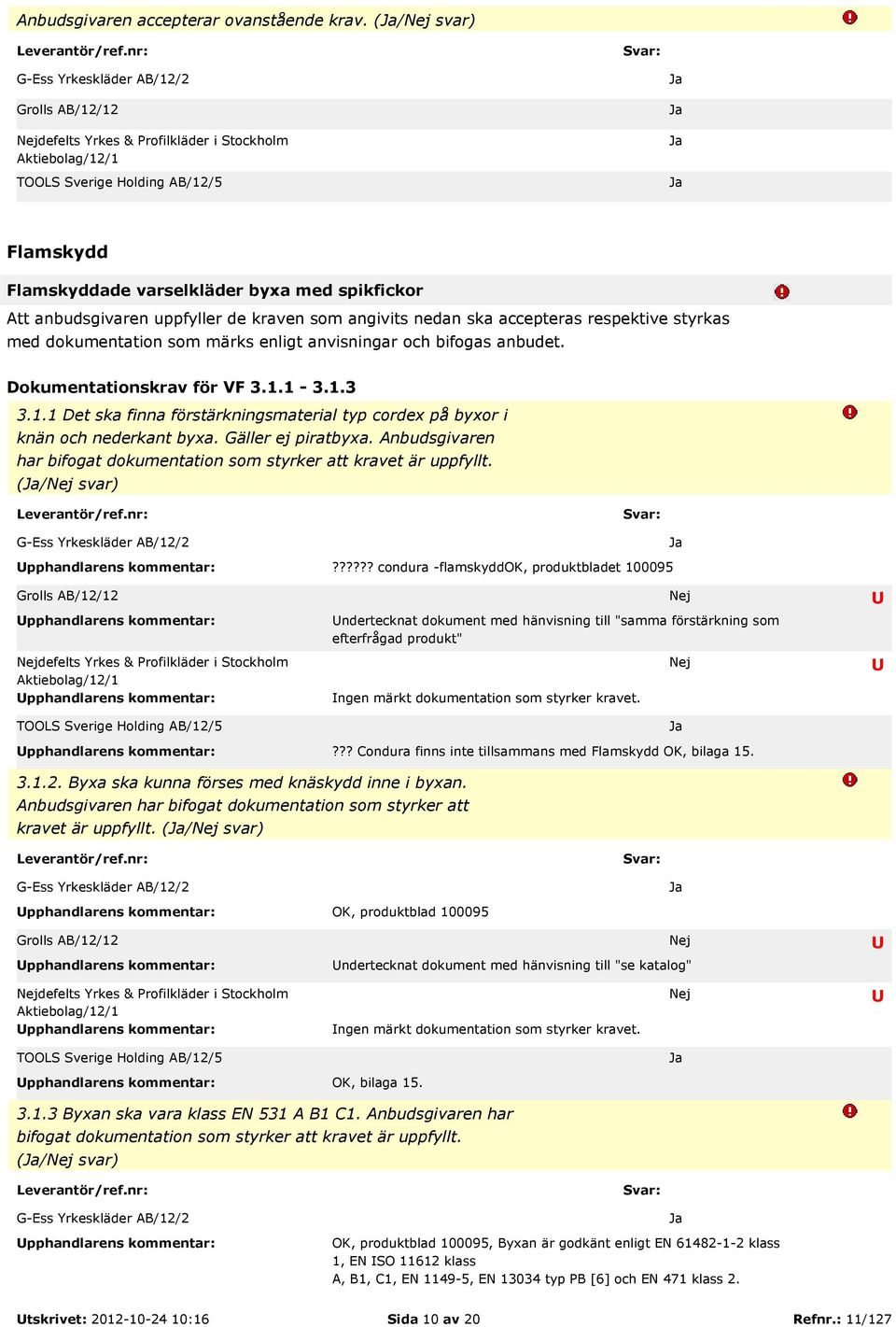 anvisningar och bifogas anbudet. Dokumentationskrav för VF 3.1.1-3.1.3 3.1.1 Det ska finna förstärkningsmaterial typ cordex på byxor i knän och nederkant byxa. Gäller ej piratbyxa.