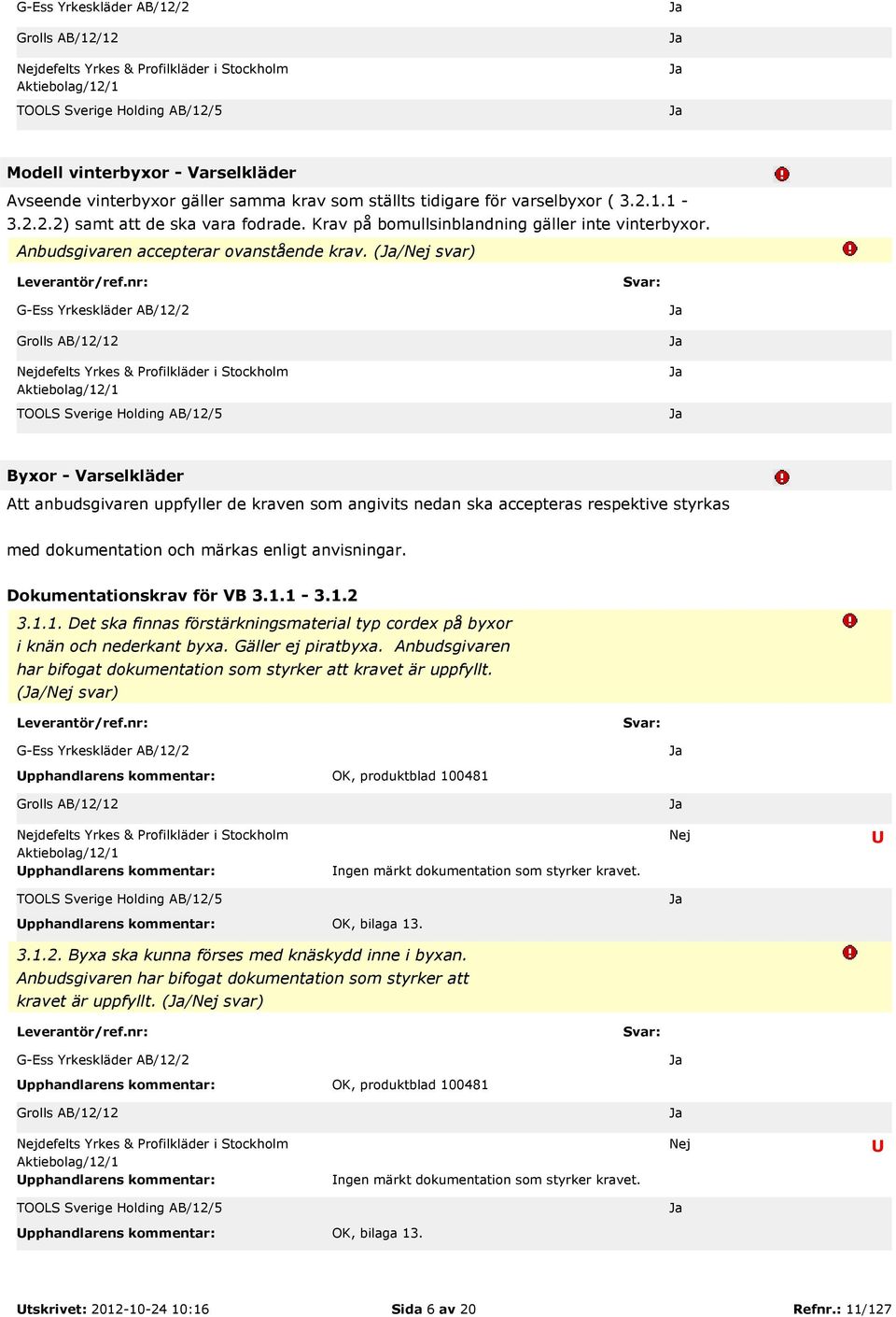 (/ svar) Byxor - Varselkläder Att anbudsgivaren uppfyller de kraven som angivits nedan ska accepteras respektive styrkas med dokumentation och märkas enligt anvisningar. Dokumentationskrav för VB 3.1.