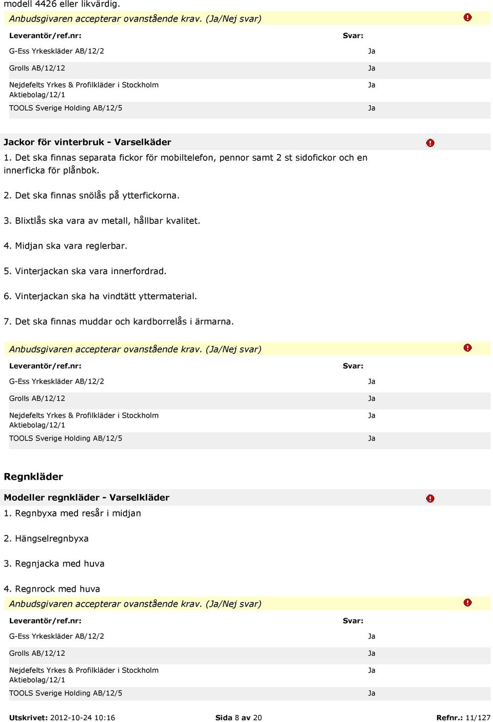 Blixtlås ska vara av metall, hållbar kvalitet. 4. Midjan ska vara reglerbar. 5. Vinterjackan ska vara innerfordrad. 6. Vinterjackan ska ha vindtätt yttermaterial. 7.