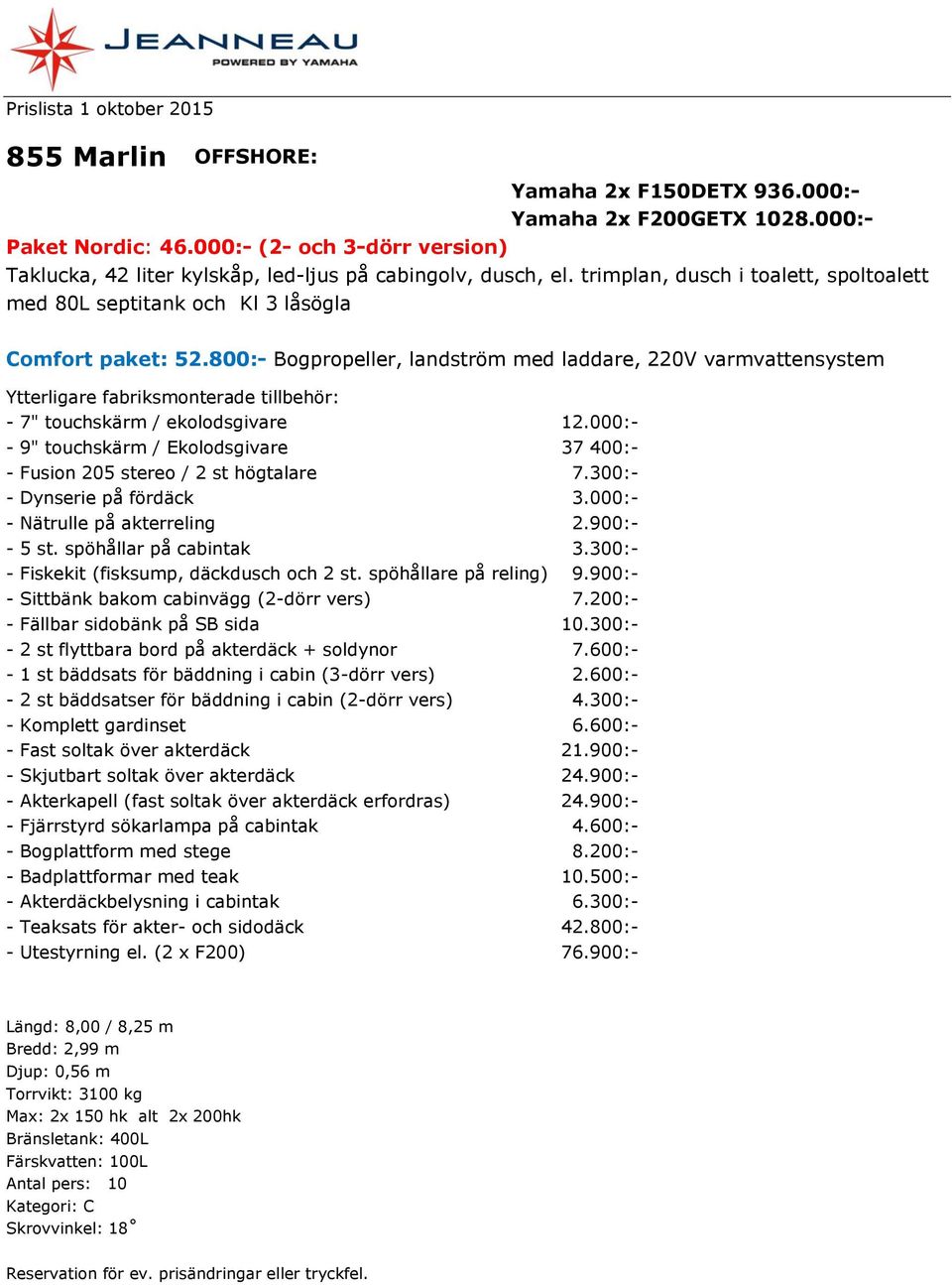 000:- - 9" touchskärm / Ekolodsgivare 37 400:- - Dynserie på fördäck 3.000:- - Nätrulle på akterreling 2.900:- - 5 st. spöhållar på cabintak 3.300:- - Fiskekit (fisksump, däckdusch och 2 st.