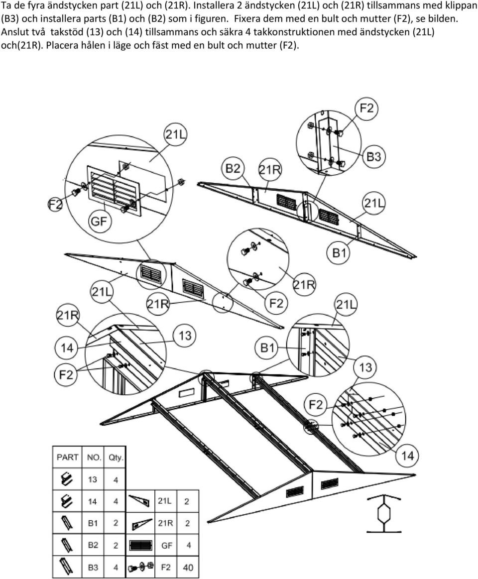 och (B2) som i figuren. Fixera dem med en bult och mutter (F2), se bilden.