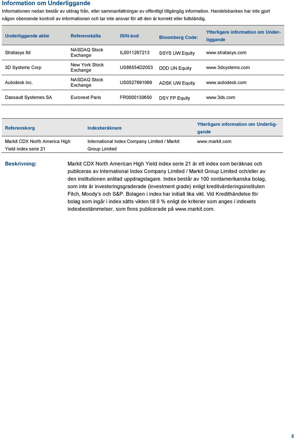 Underliggande aktie Referenskälla ISIN-kod Bloomberg Code: Ytterligare information om Underliggande Stratasys ltd 3D Systems Corp Autodesk inc.