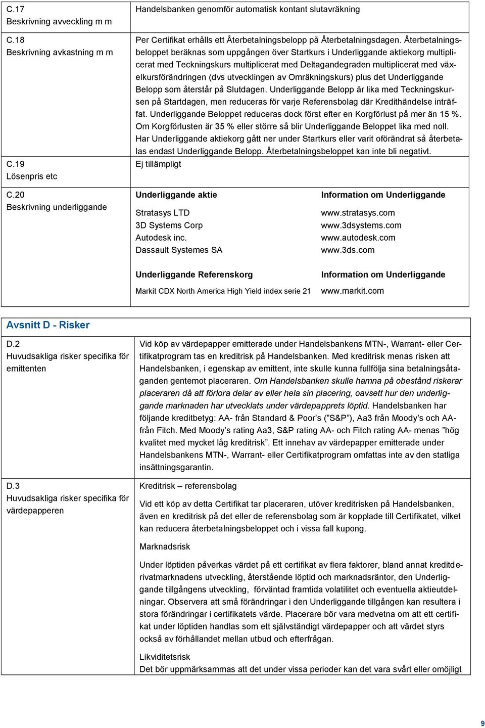 Återbetalningsbeloppet beräknas som uppgången över Startkurs i Underliggande aktiekorg multiplicerat med Teckningskurs multiplicerat med Deltagandegraden multiplicerat med växelkursförändringen (dvs