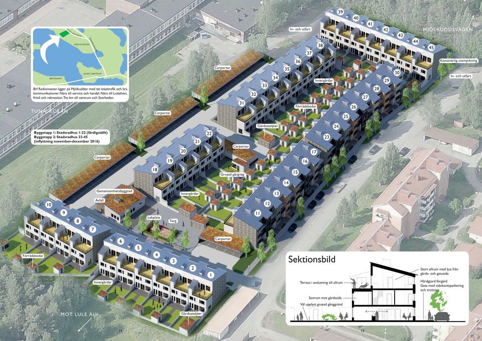 31 32 33 34 35 Innergårdar Förrådsbodar 25 26 27 28 29 30 In- och utfart Byggetapp 1: Stadsradhus 1-22 (färdigställt) Byggetapp 2: Stadsradhus 23-45 (inflyttning november-december 2016) 19 20 21 22