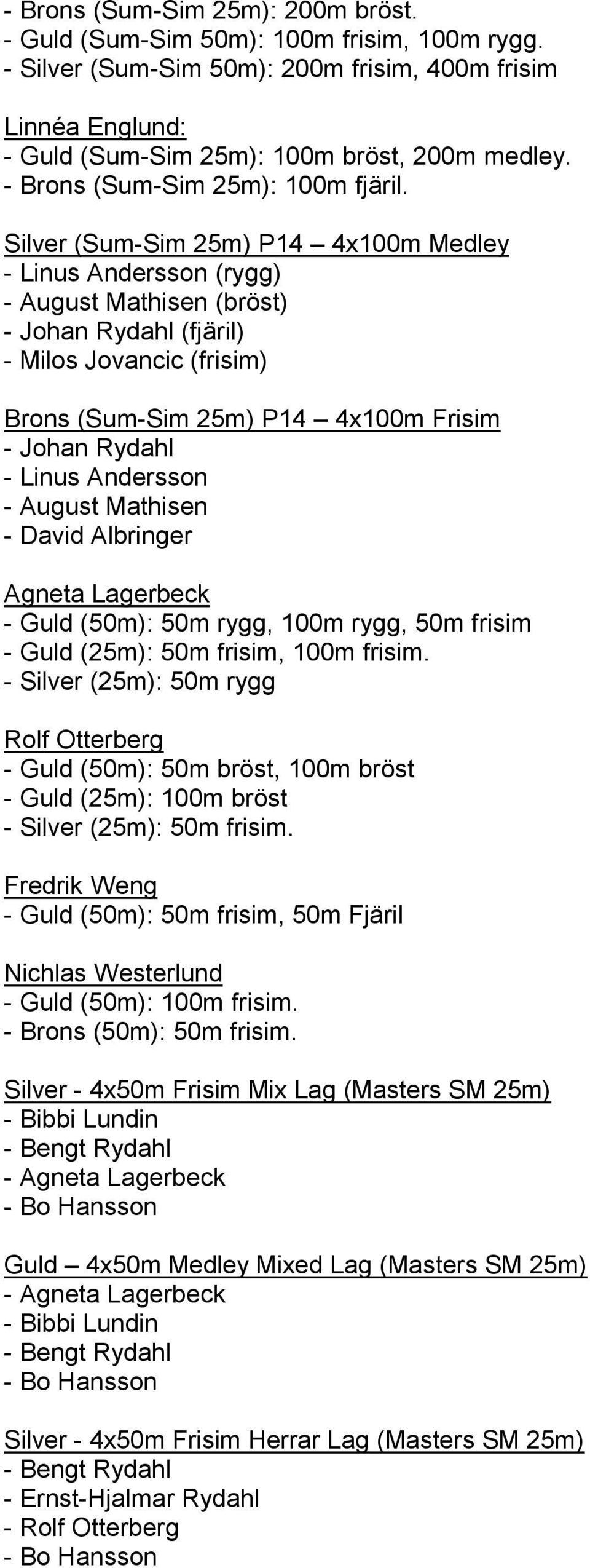 Silver (Sum-Sim 25m) P14 4x100m Medley - Linus Andersson (rygg) - August Mathisen (bröst) - Johan Rydahl (fjäril) - Milos Jovancic (frisim) Brons (Sum-Sim 25m) P14 4x100m Frisim - Johan Rydahl -