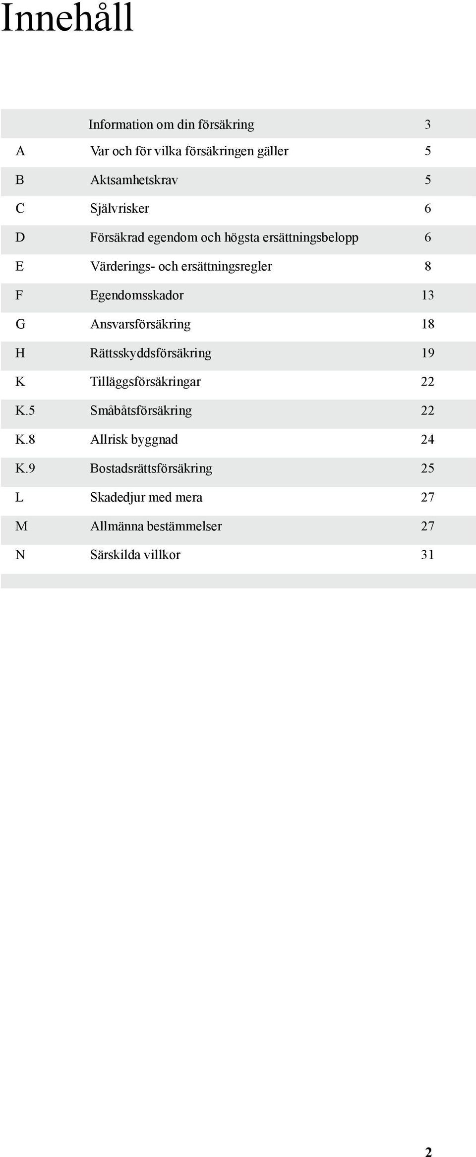 Ansvarsförsäkring 18 H Rättsskyddsförsäkring 19 K Tilläggsförsäkringar 22 K. Småbåtsförsäkring 22 K.