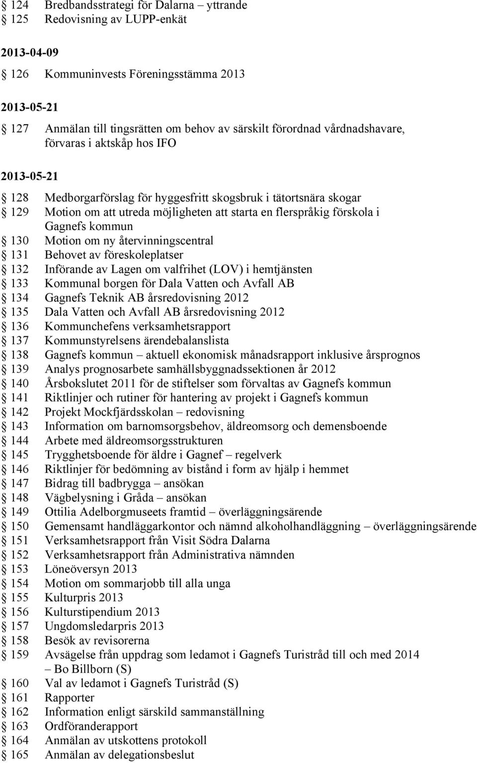 Gagnefs kommun 130 Motion om ny återvinningscentral 131 Behovet av föreskoleplatser 132 Införande av Lagen om valfrihet (LOV) i hemtjänsten 133 Kommunal borgen för Dala Vatten och Avfall AB 134