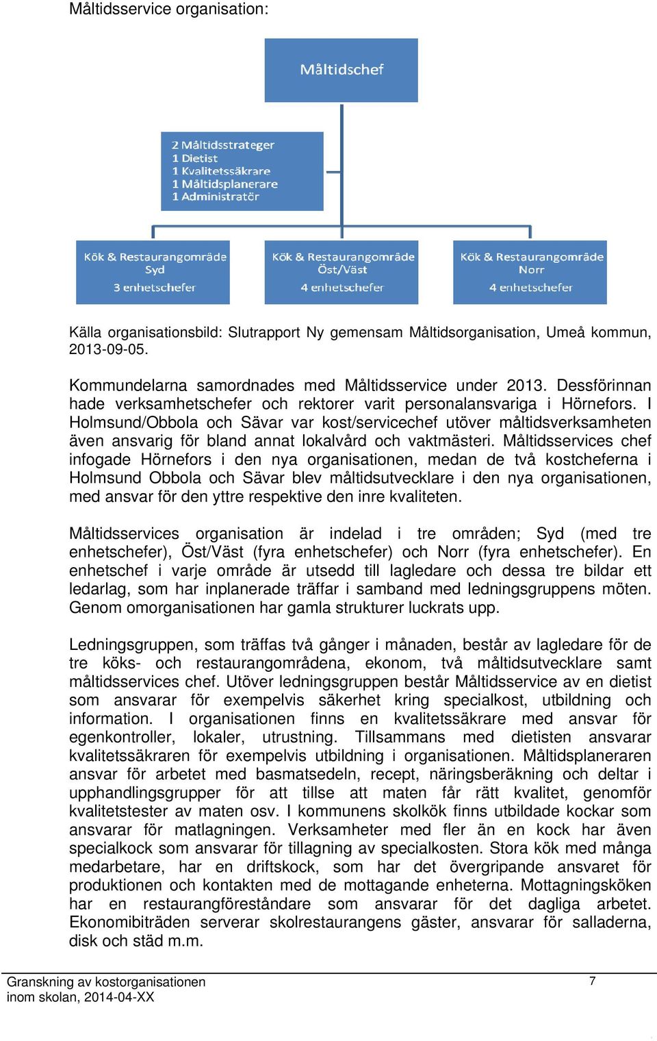 I Holmsund/Obbola och Sävar var kost/servicechef utöver måltidsverksamheten även ansvarig för bland annat lokalvård och vaktmästeri.