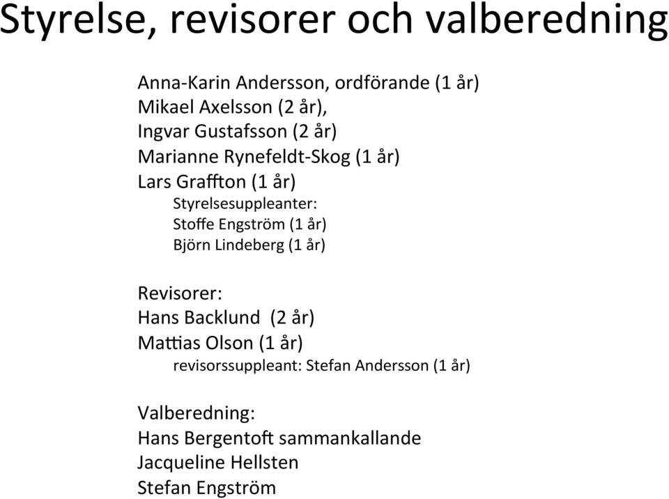 Engström (1 år) Björn Lindeberg (1 år) Revisorer: Hans Backlund (2 år) MaVas Olson (1 år)
