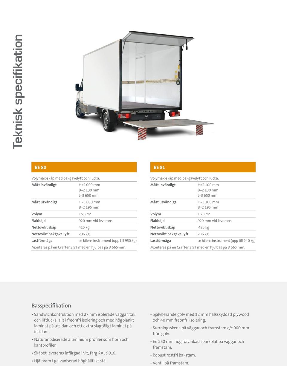 bilens instrument (upp till 950 kg) Monteras på en Crafter 3,5T med en hjulbas på 3 665 mm. BE 81 Volymax-skåp med bakgavelyft och lucka.