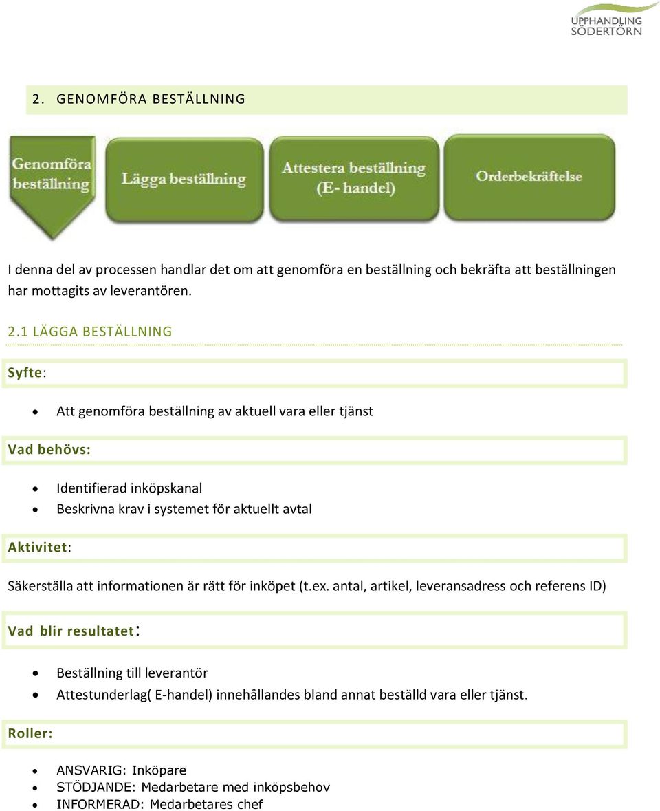 1 LÄGGA BESTÄLLNING Att genomföra beställning av aktuell vara eller tjänst Identifierad inköpskanal Beskrivna krav i systemet för aktuellt avtal