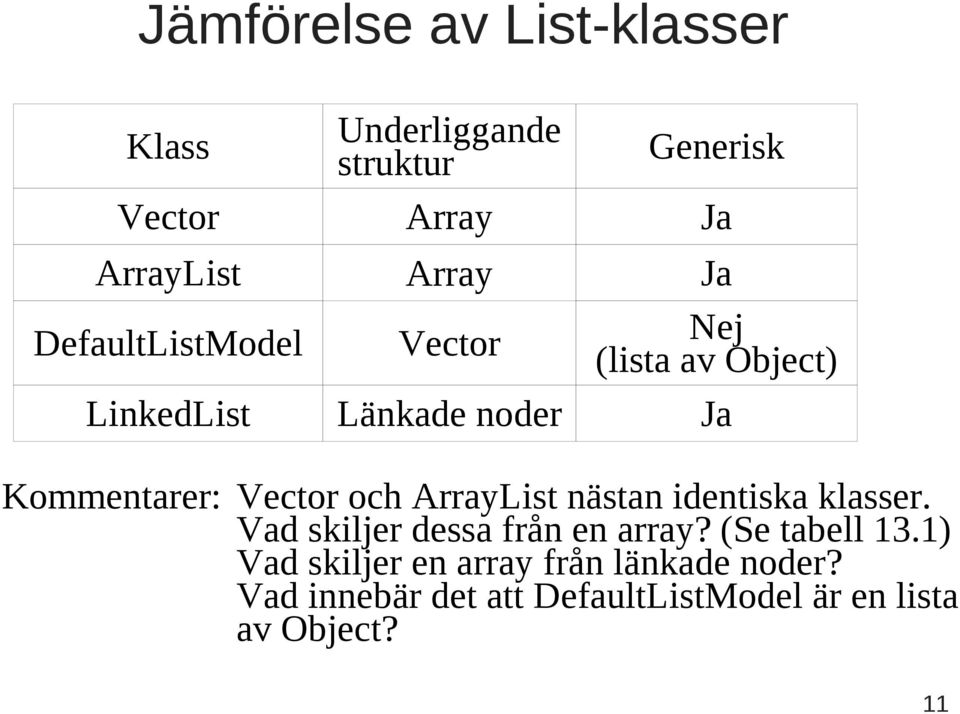 och ArrayList nästan identiska klasser. Vad skiljer dessa från en array? (Se tabell 13.