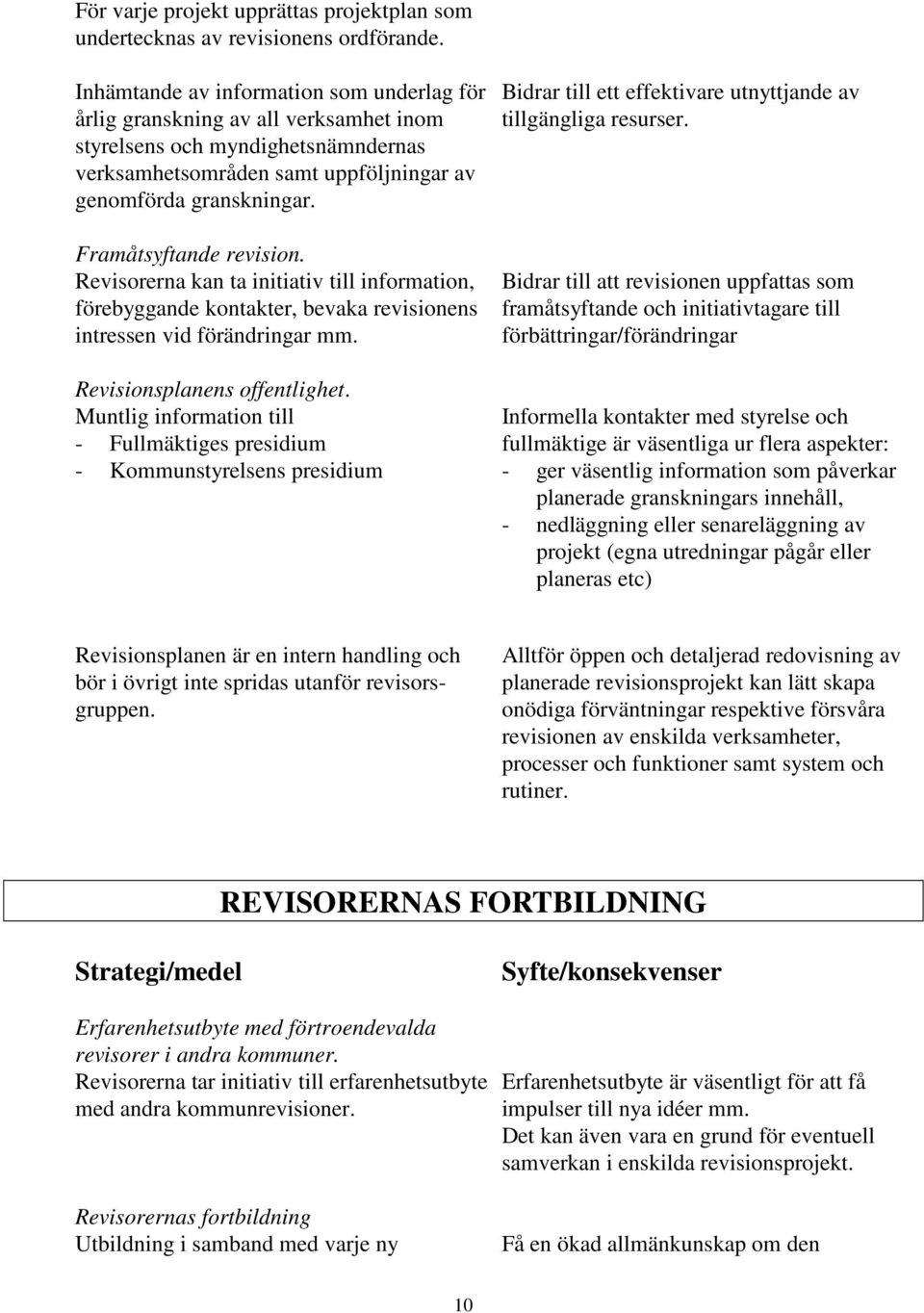 Framåtsyftande revision. Revisorerna kan ta initiativ till information, förebyggande kontakter, bevaka revisionens intressen vid förändringar mm. Revisionsplanens offentlighet.