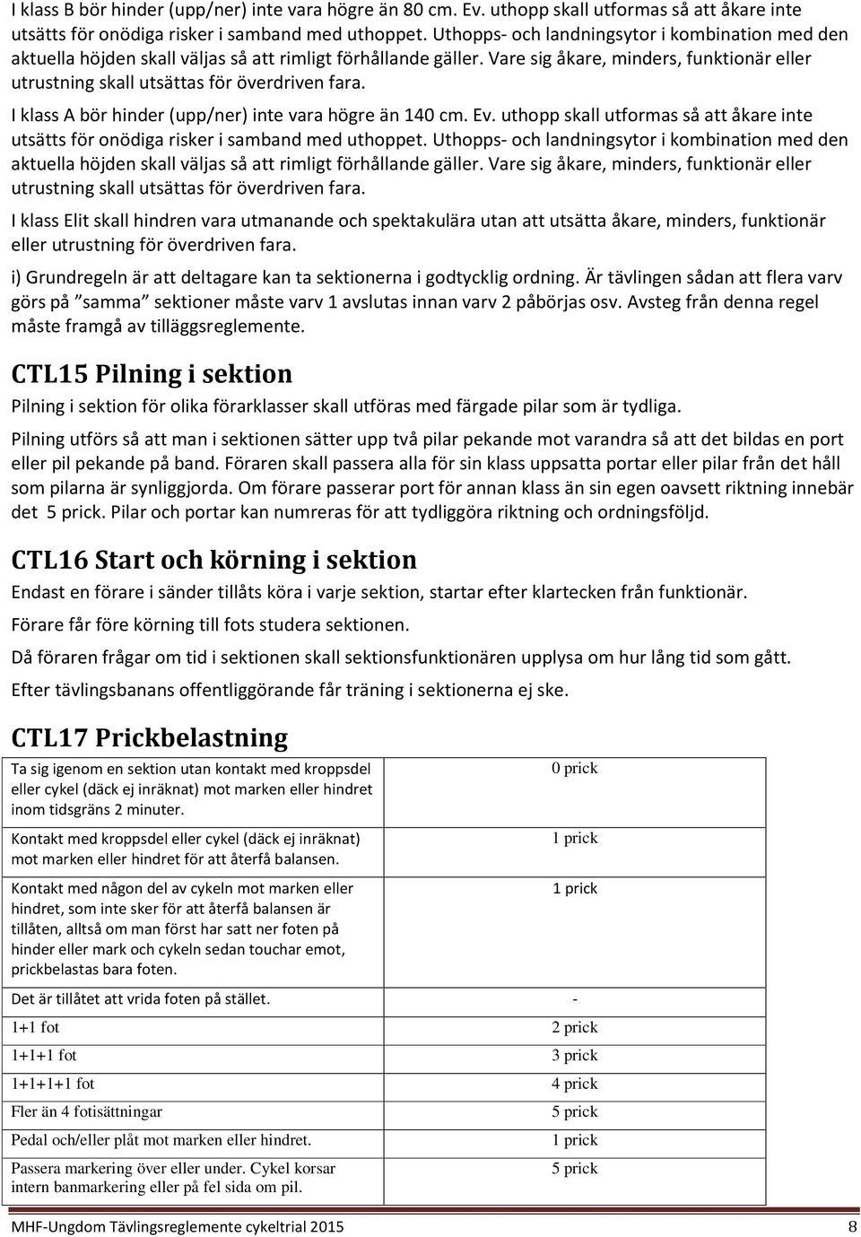 Vare sig åkare, minders, funktionär eller utrustning skall utsättas för överdriven fara. I klass A bör hinder (upp/ner) inte vara högre än 140 cm. Ev.