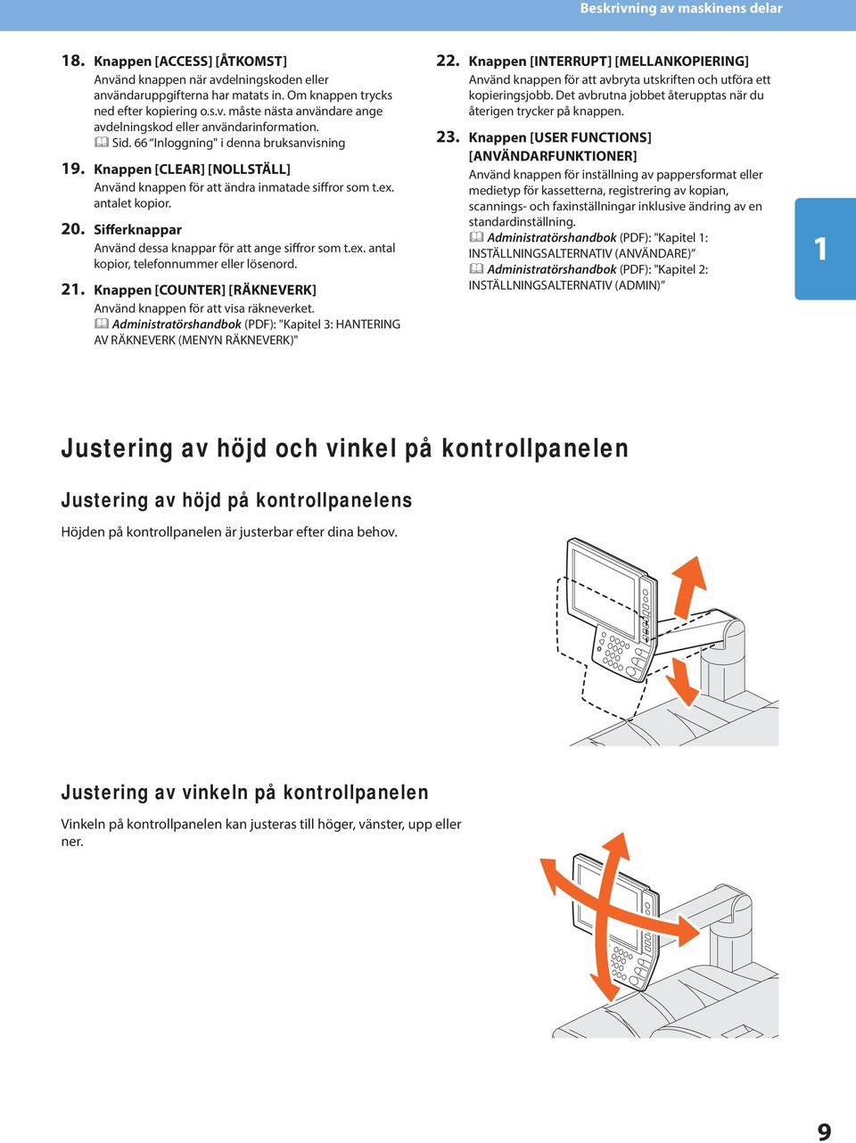 Sifferknappar Använd dessa knappar för att ange siffror som t.ex. antal kopior, telefonnummer eller lösenord.. Knappen [COUNTER] [RÄKNEVERK] Använd knappen för att visa räkneverket.