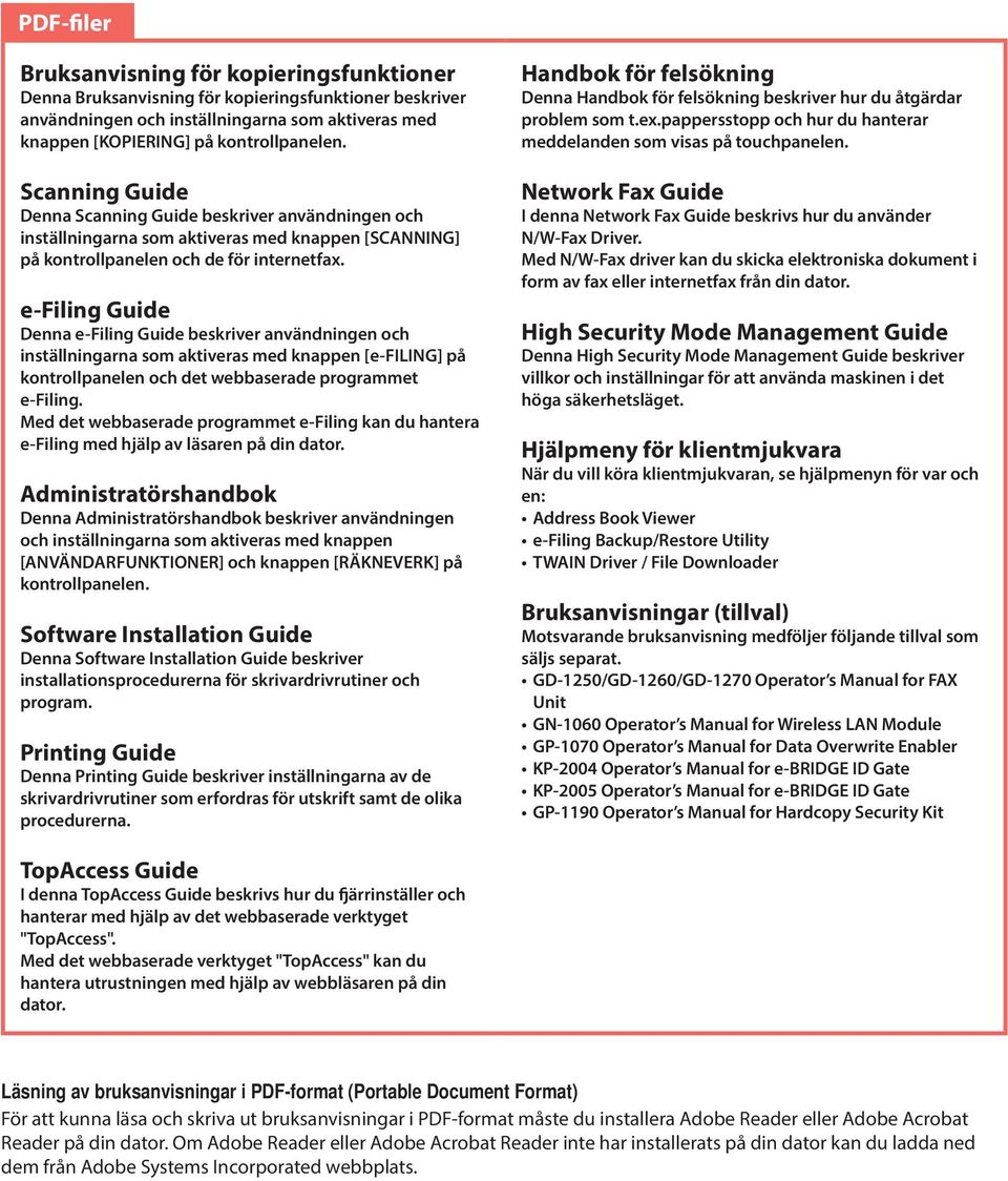 e-filing Guide Denna e-filing Guide beskriver användningen och inställningarna som aktiveras med knappen [e-filing] på kontrollpanelen och det webbaserade programmet e-filing.