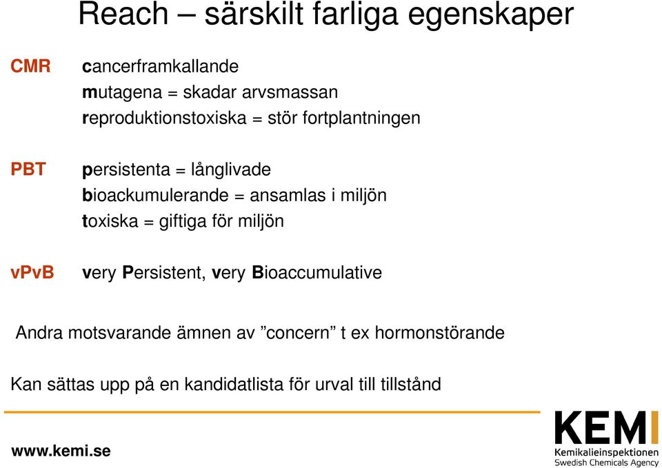 ansamlas i miljön toxiska = giftiga för miljön vpvb very Persistent, very Bioaccumulative Andra