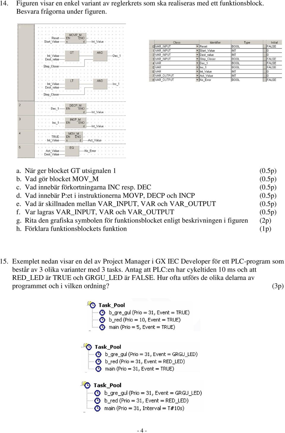 Var lagras VAR_INPUT, VAR och VAR_OUTPUT g. Rita den grafiska symbolen för funktionsblocket enligt beskrivningen i figuren h. Förklara funktionsblockets funktion (2p) 15.