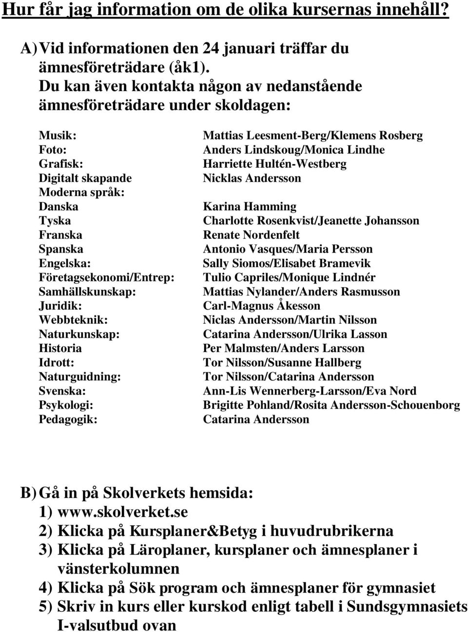 Samhällskunskap: Juridik: Webbteknik: Naturkunskap: Historia Idrott: Naturguidning: Svenska: Psykologi: Pedagogik: Mattias Leesment-Berg/Klemens Rosberg Anders Lindskoug/Monica Lindhe Harriette