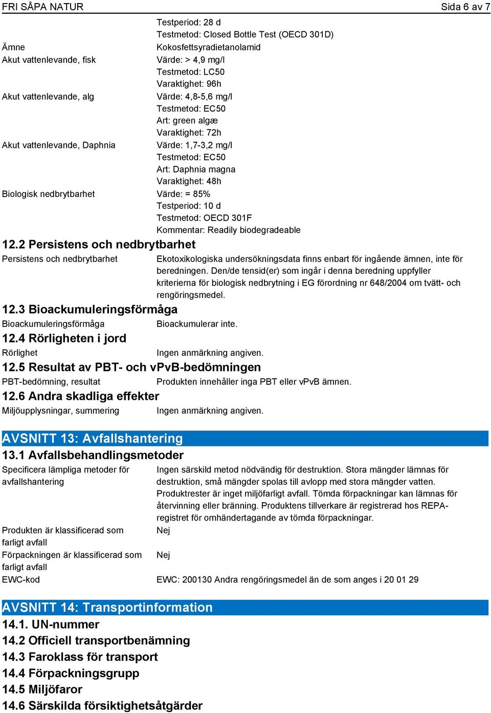 Testperiod: 10 d Testmetod: OECD 301F Kommentar: Readily biodegradeable 12.