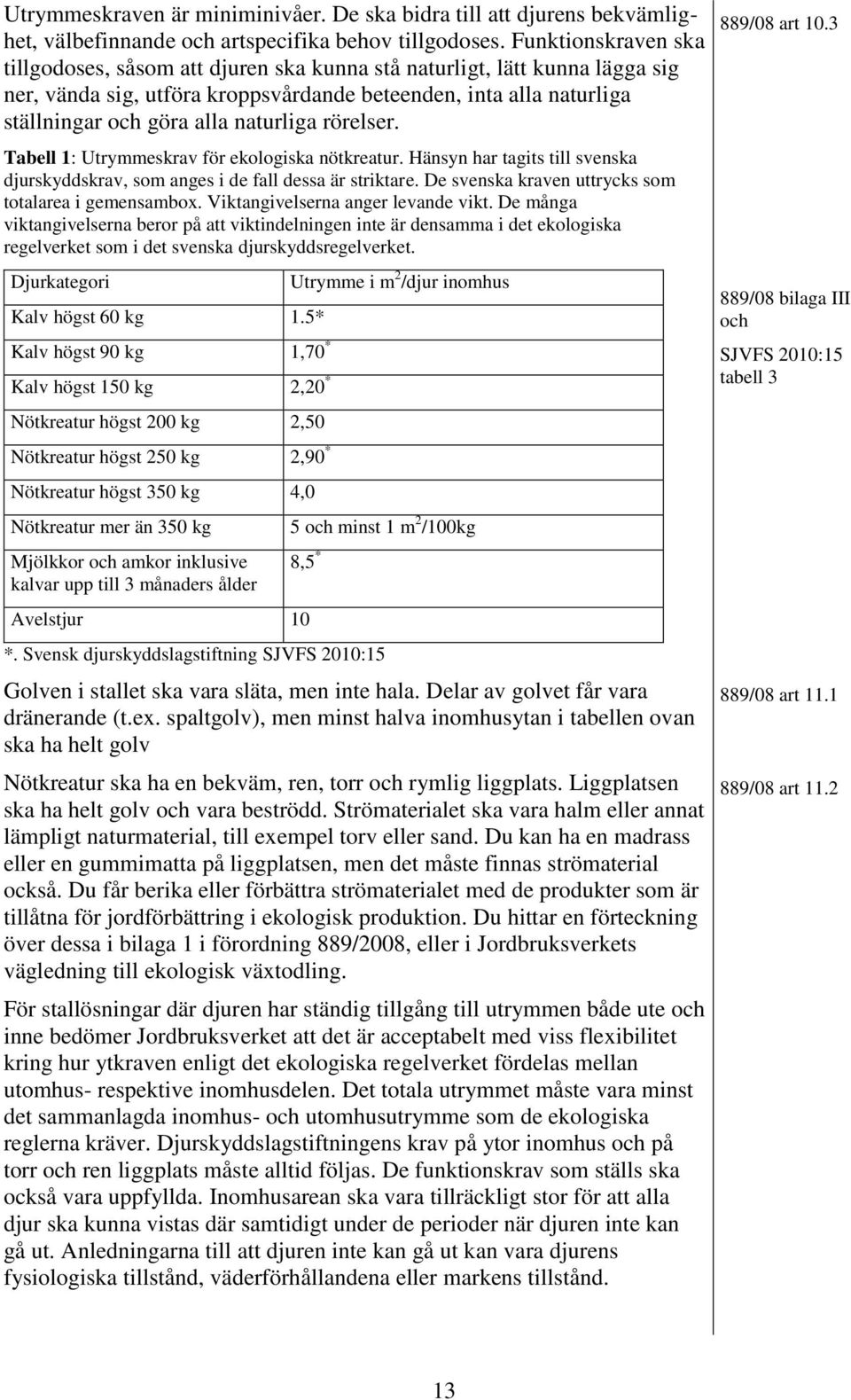naturliga rörelser. Tabell 1: Utrymmeskrav för ekologiska nötkreatur. Hänsyn har tagits till svenska djurskyddskrav, som anges i de fall dessa är striktare.