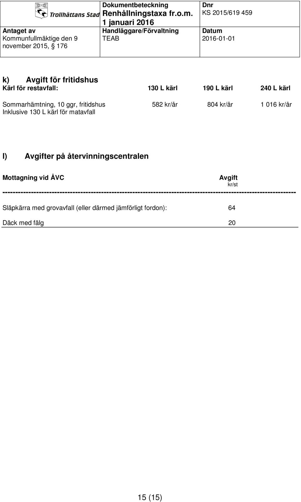 kärl för matavfall l) Avgifter på återvinningscentralen Mottagning vid ÅVC Avgift