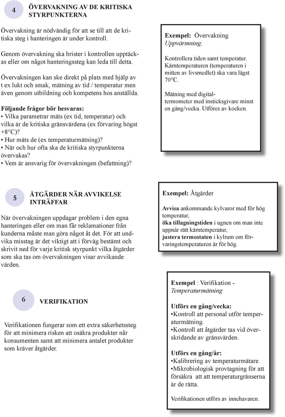 Övervakningen kan ske direkt på plats med hjälp av t ex lukt och smak, mätning av tid / temperatur men även genom utbildning och kompetens hos anställda.