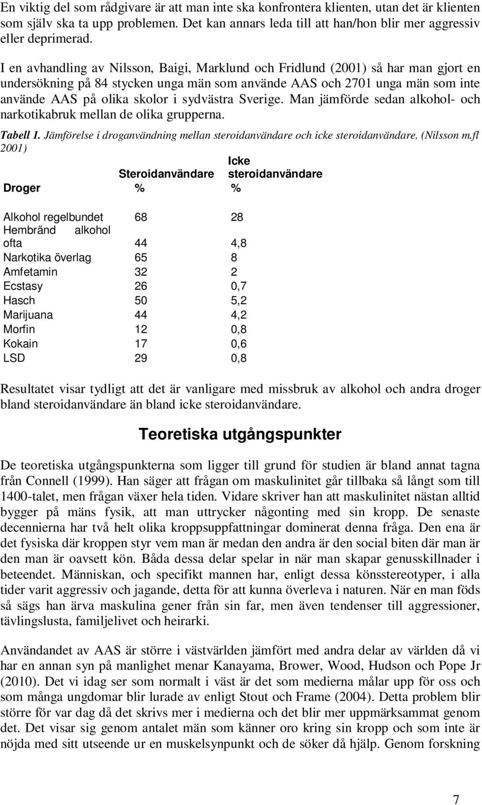 sydvästra Sverige. Man jämförde sedan alkohol- och narkotikabruk mellan de olika grupperna. Tabell 1. Jämförelse i droganvändning mellan steroidanvändare och icke steroidanvändare. (Nilsson m.