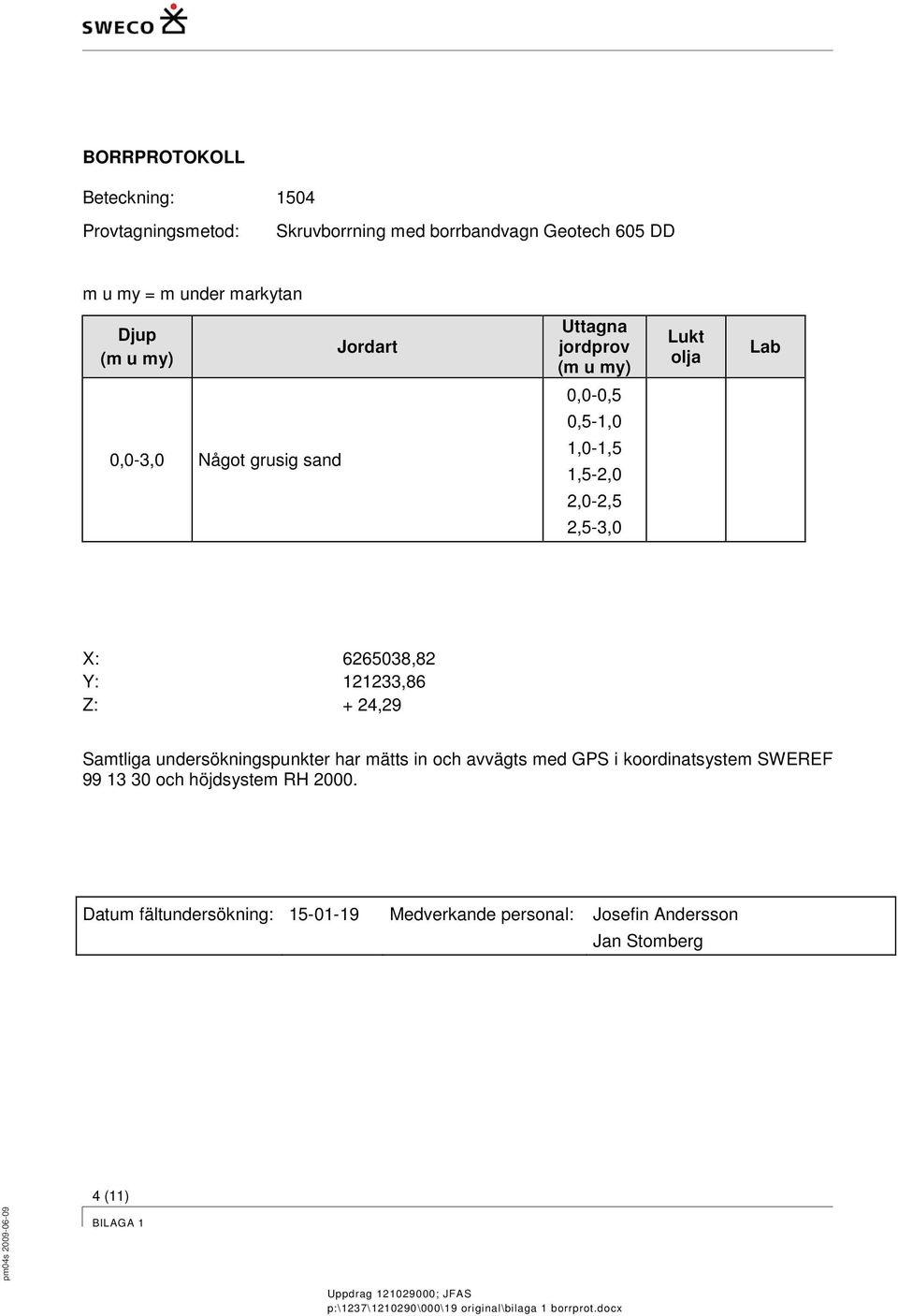 undersökningspunkter har mätts in och avvägts med GPS i koordinatsystem SWEREF 99 13 30 och höjdsystem RH 2000.