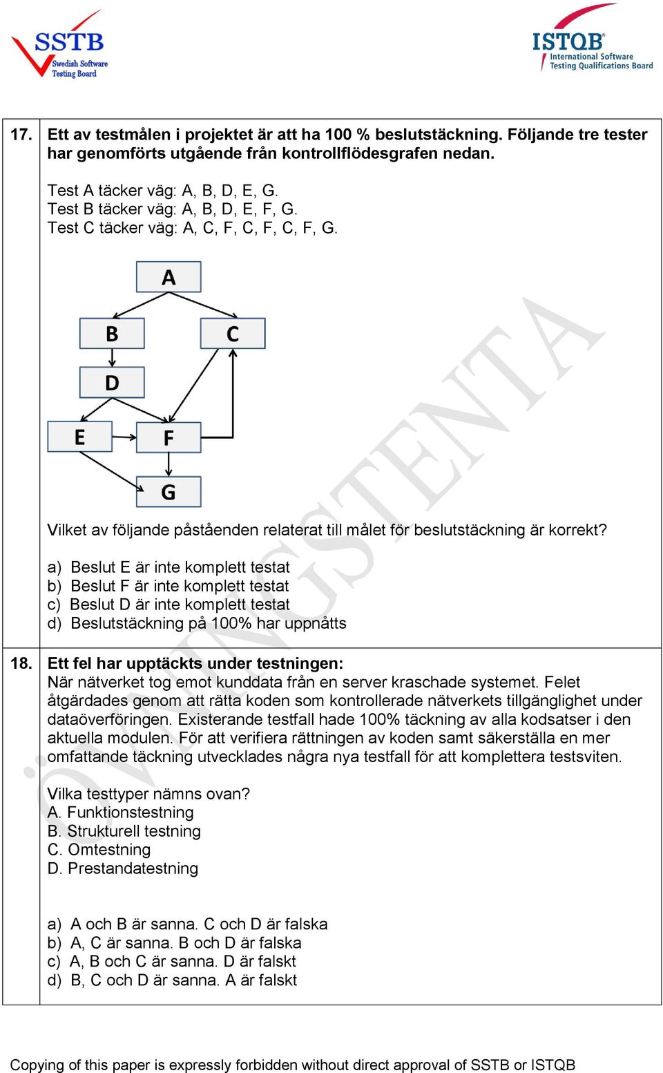 a) Beslut E är inte komplett testat b) Beslut F är inte komplett testat c) Beslut D är inte komplett testat d) Beslutstäckning på 100% har uppnåtts 18.