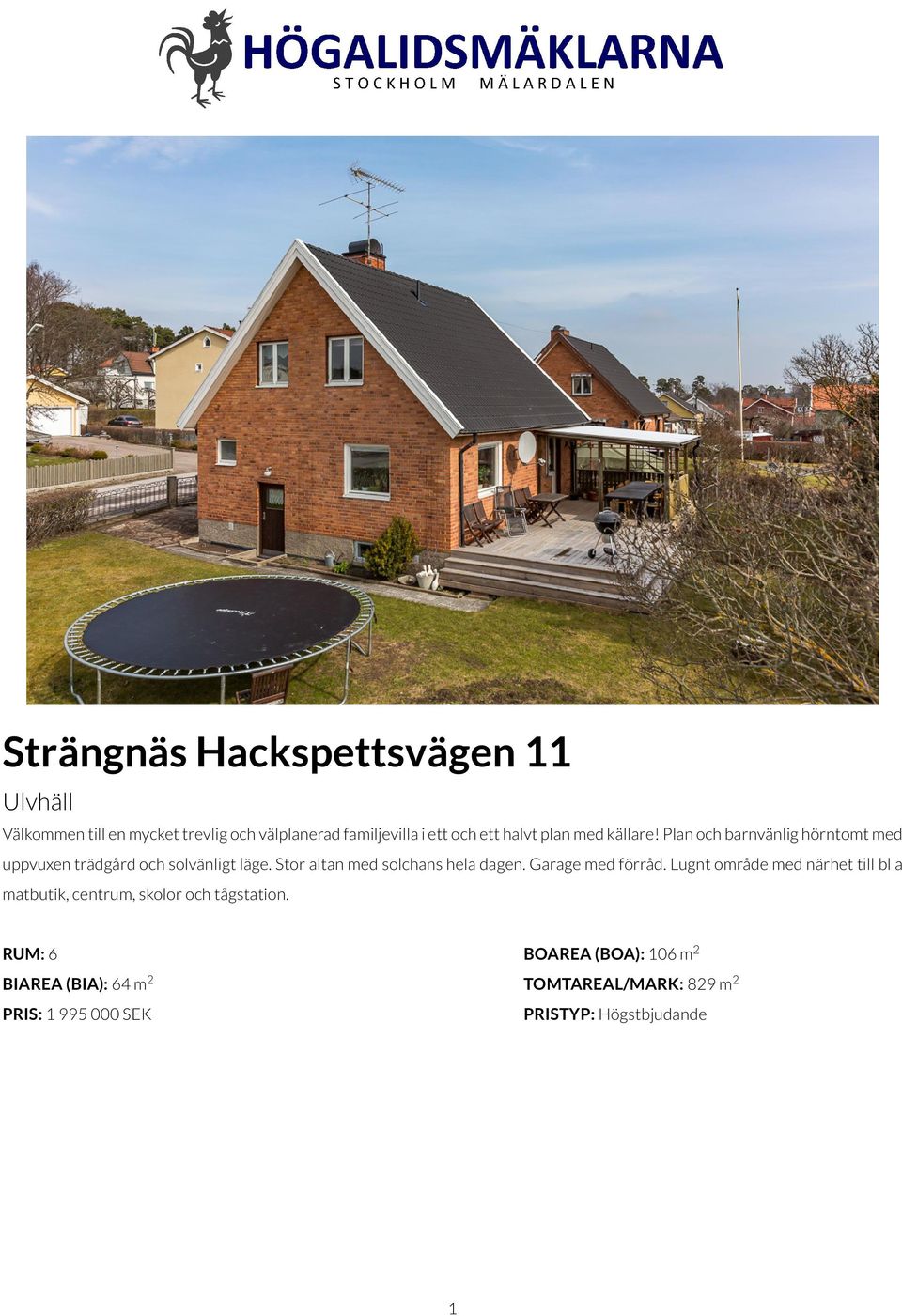 Stor altan med solchans hela dagen. Garage med förråd.