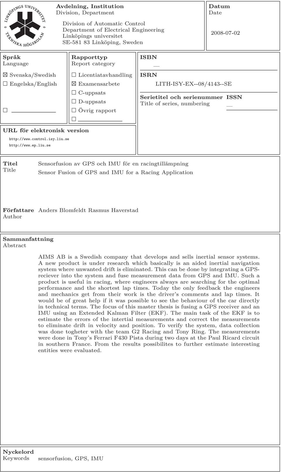 series, numbering ISSN URL för elektronisk version http://www.control.isy.liu.