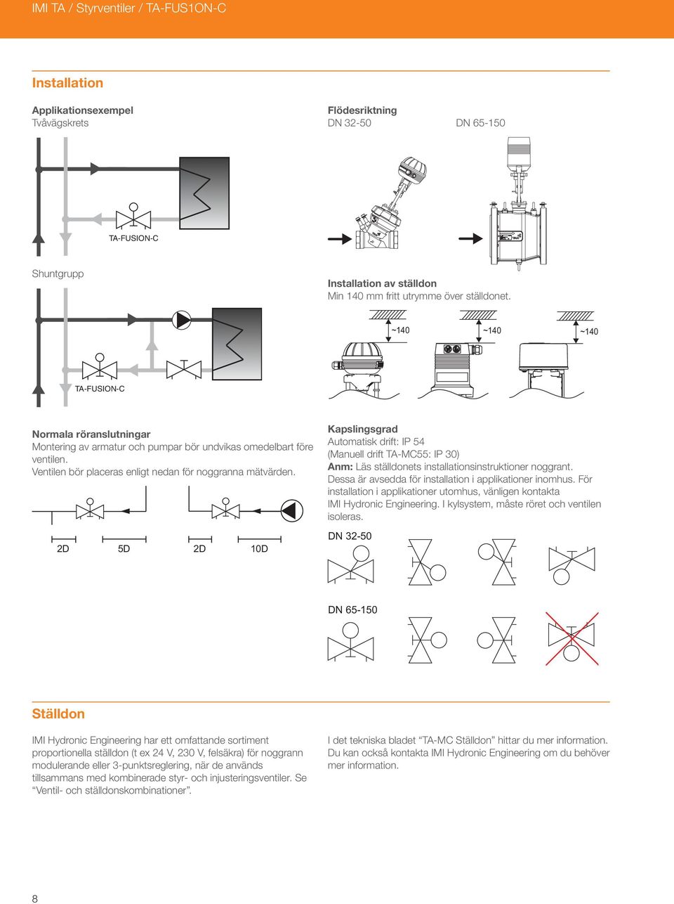 2D 5D 2D 10D Kapslingsgrad Automatisk drift: IP 54 (Manuell drift TA-MC55: IP 30) Anm: Läs ställdonets installationsinstruktioner noggrant. Dessa är avsedda för installation i applikationer inomhus.