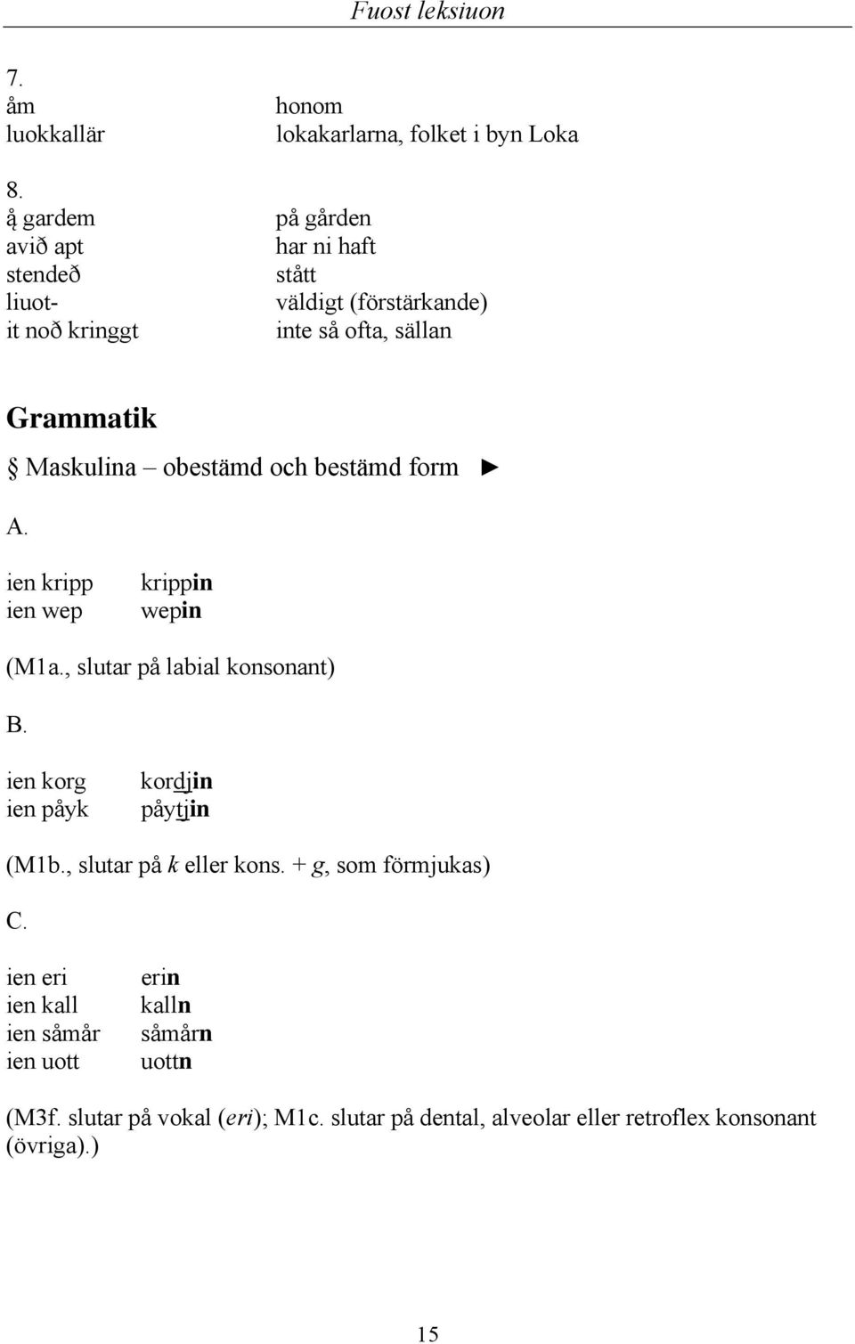 så ofta, sällan Grammatik Maskulina obestämd och bestämd form A. ien kripp ien wep krippin wepin (M1a., slutar på labial konsonant) B.