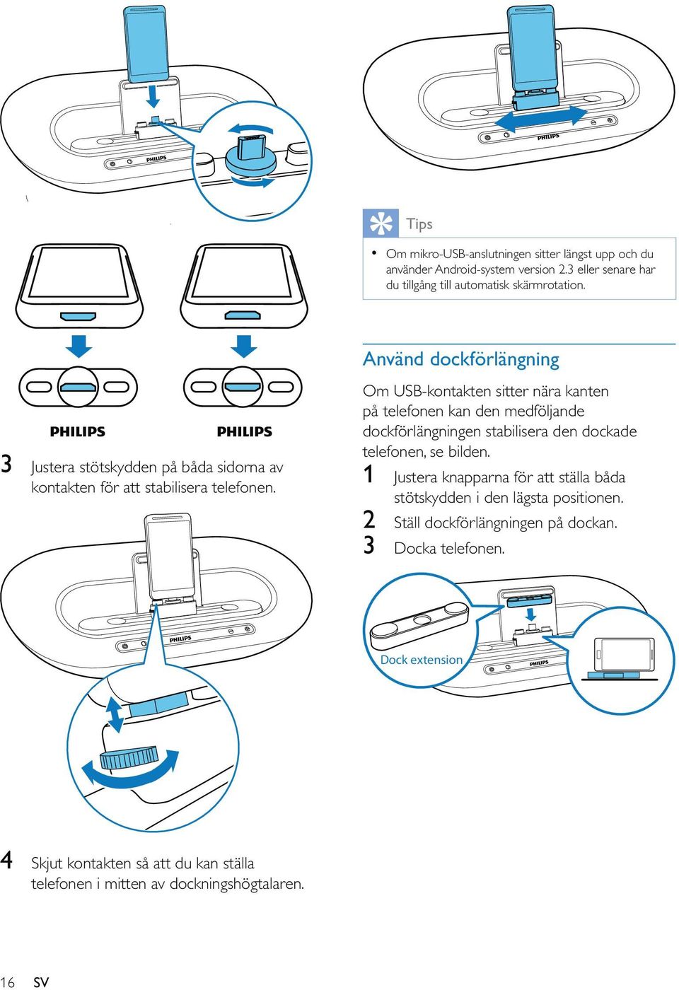 Använd dockförlängning Om USB-kontakten sitter nära kanten på telefonen kan den medföljande dockförlängningen stabilisera den dockade telefonen, se bilden.